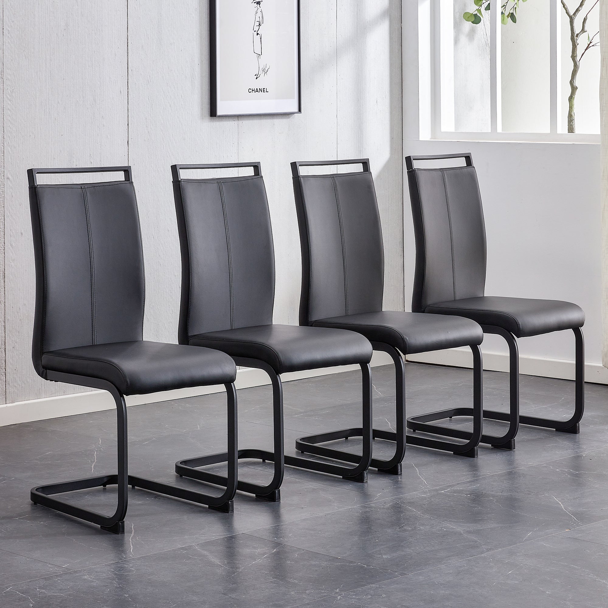 A table and four chairs. The table features a black imitation marble pattern tabletop and black gold MDF legs. The chair has a black PU backrest cushion and black metal legs. F-SQ  C-1162