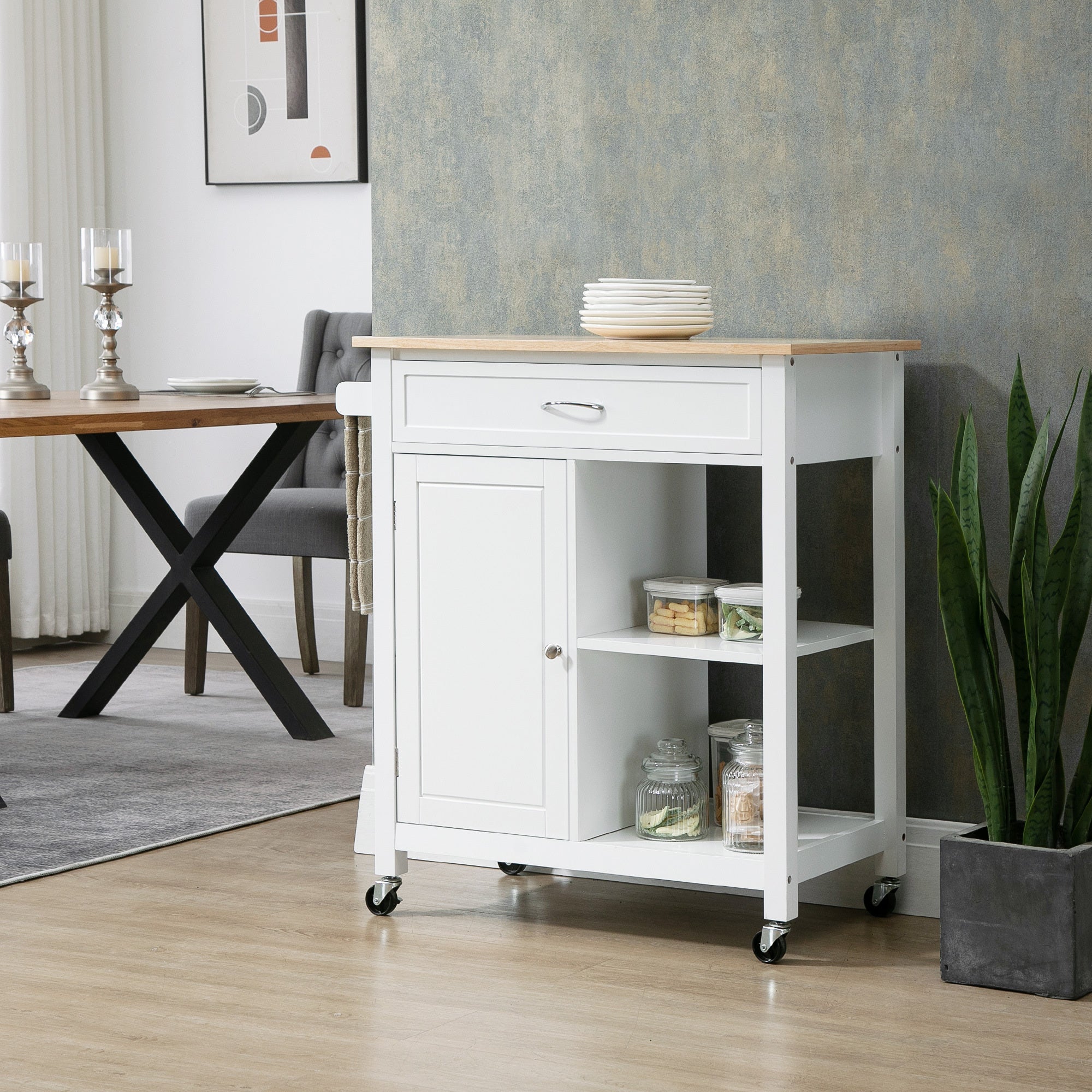 HOMCOM Kitchen Island Cart, Rolling Kitchen Island with Storage, Solid Wood Top, Drawer, for Dining Room, White