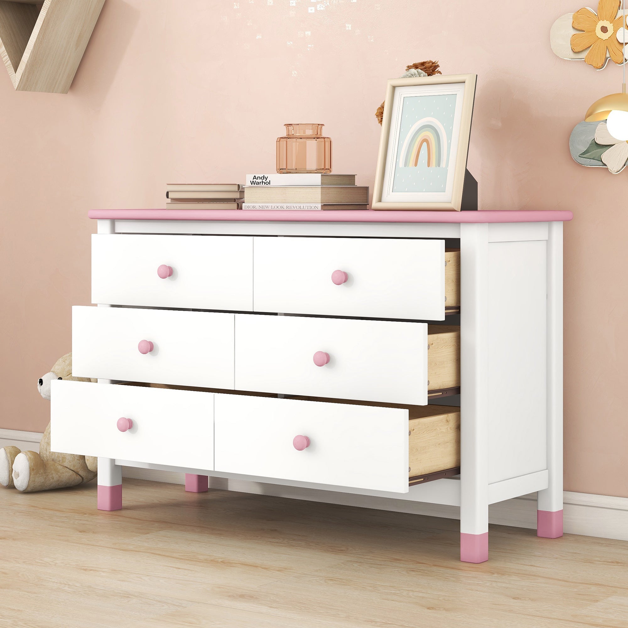 Wooden Storage Dresser with 6 Drawers,Storage Cabinet for kids Bedroom,White+Pink