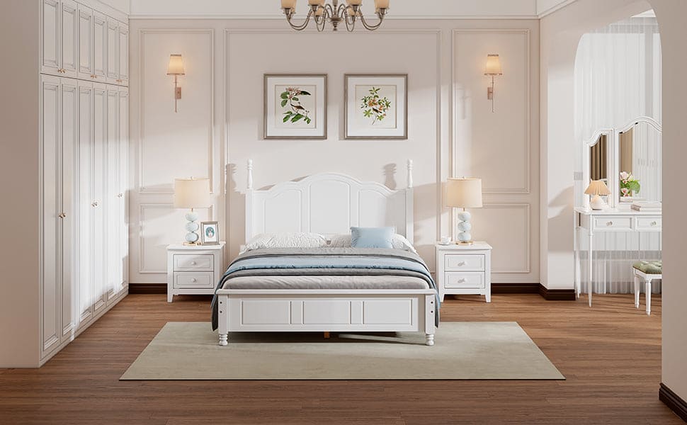 3-Pieces Bedroom Sets,Full Size Wood Platform Bed and Two Nightstands-White