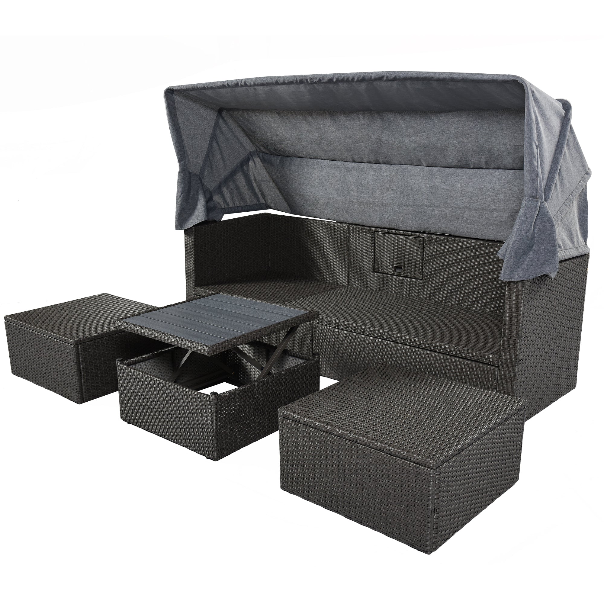 U_Style Outdoor Patio Rectangle Daybed with Retractable Canopy,  Wicker Furniture Sectional Seating with Washable Cushions, Backyard, Porch(As same as WY000263AAE)