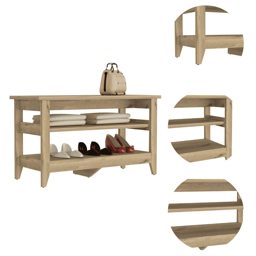 Misuri Storage Bench, Four Legs, Two Open Shelves -Light Oak