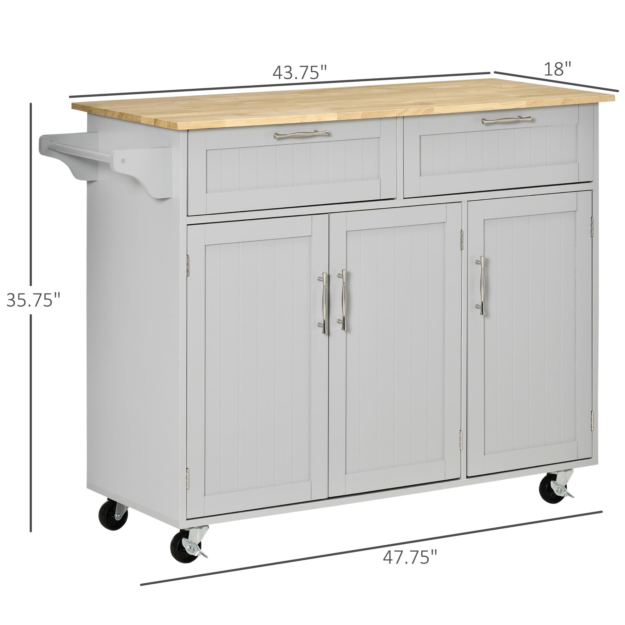 HOMCOM Mobile Kitchen Island with Storage, Kitchen Cart with Wood Top, Storage Drawers, 3-door Cabinets, Adjustable Shelves and Towel Rack, Gray