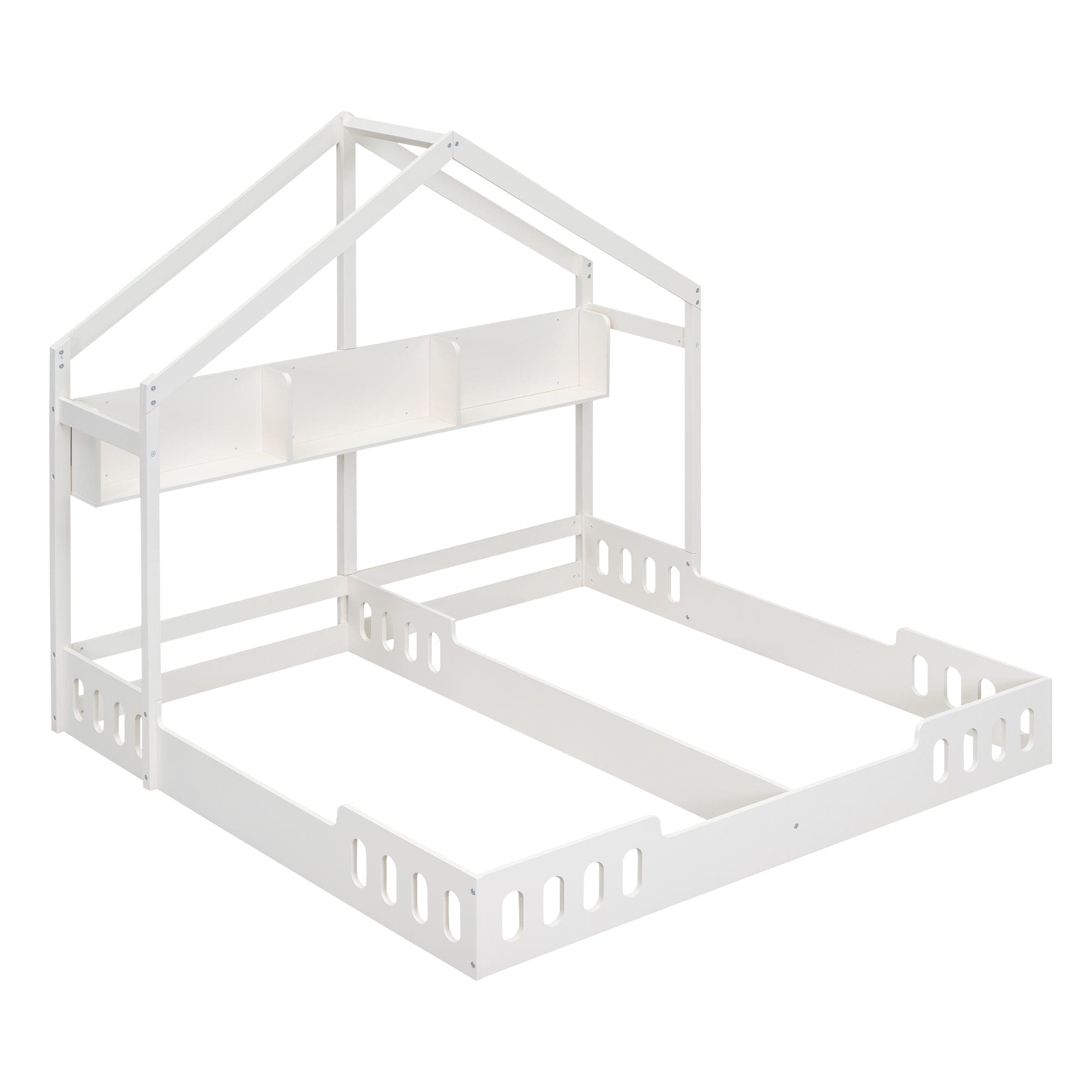 Wood Twin Size House Platform Beds,Two Shared Beds with Shelves and Guardrail, Creamy White