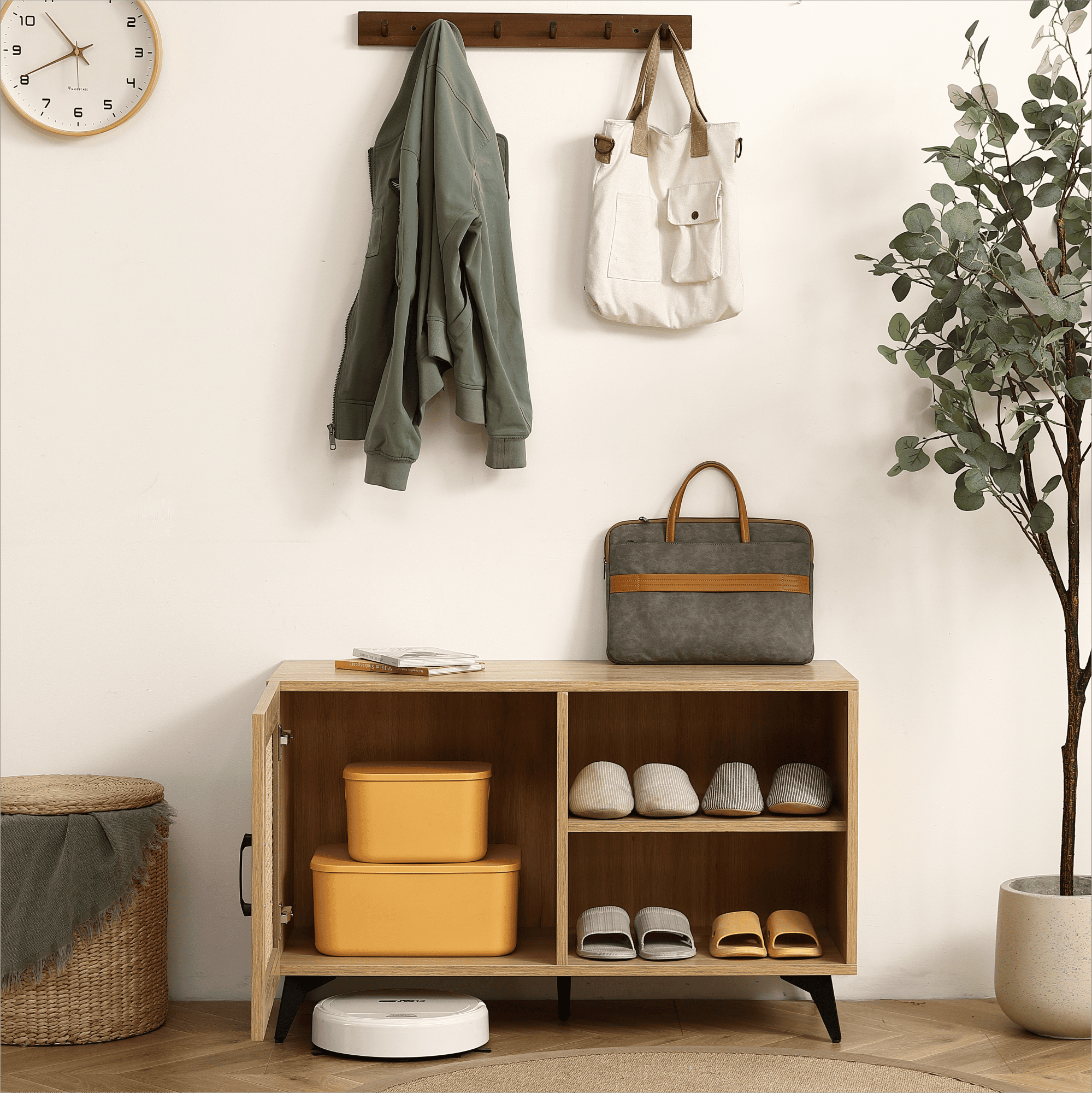 Modern Shoe-Storage Cabinet with Natural Rattan Mesh Door and Solid Wooden Handle 39.37inch