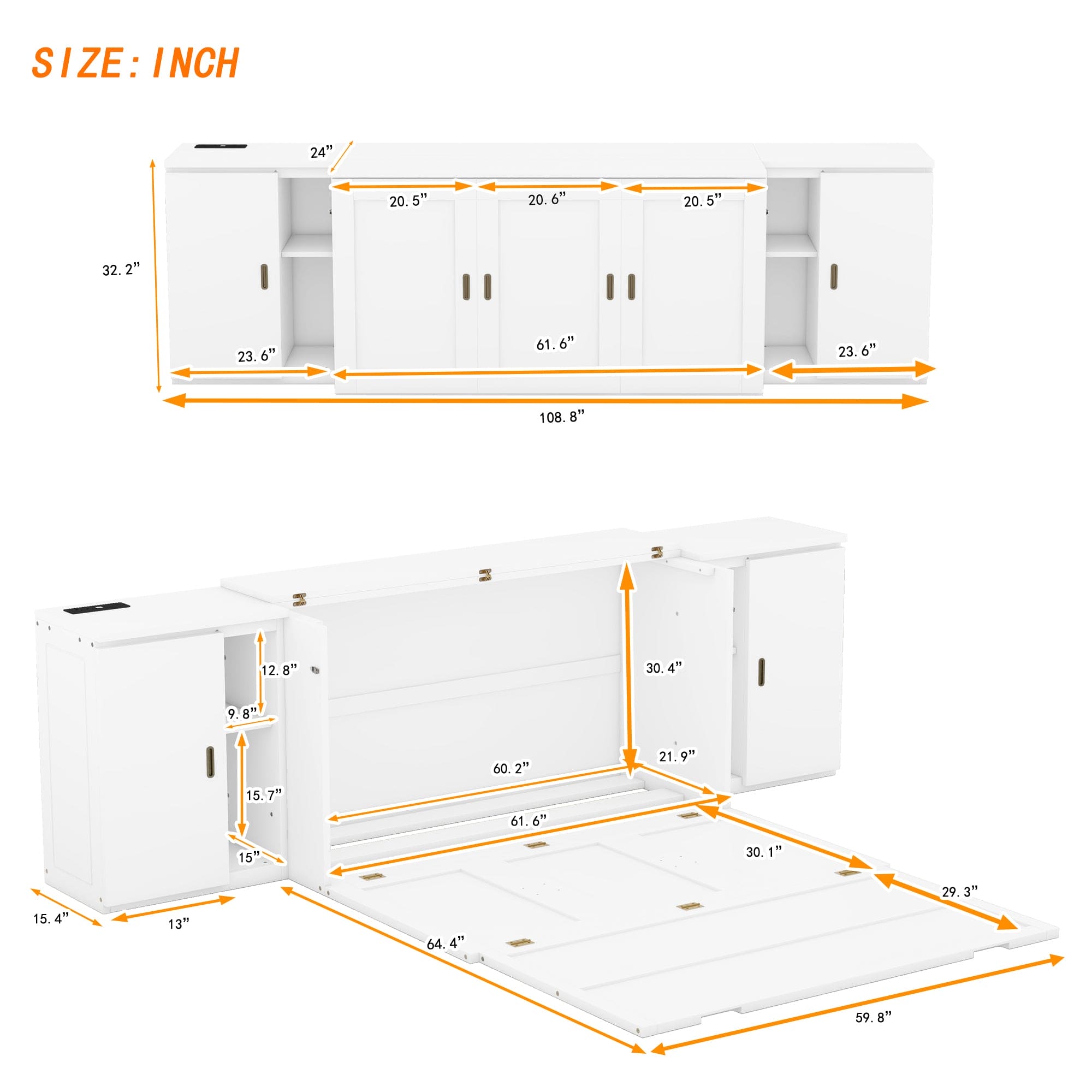 Queen Size Murphy Bed with Shelves, Cabinets and USB Ports,White