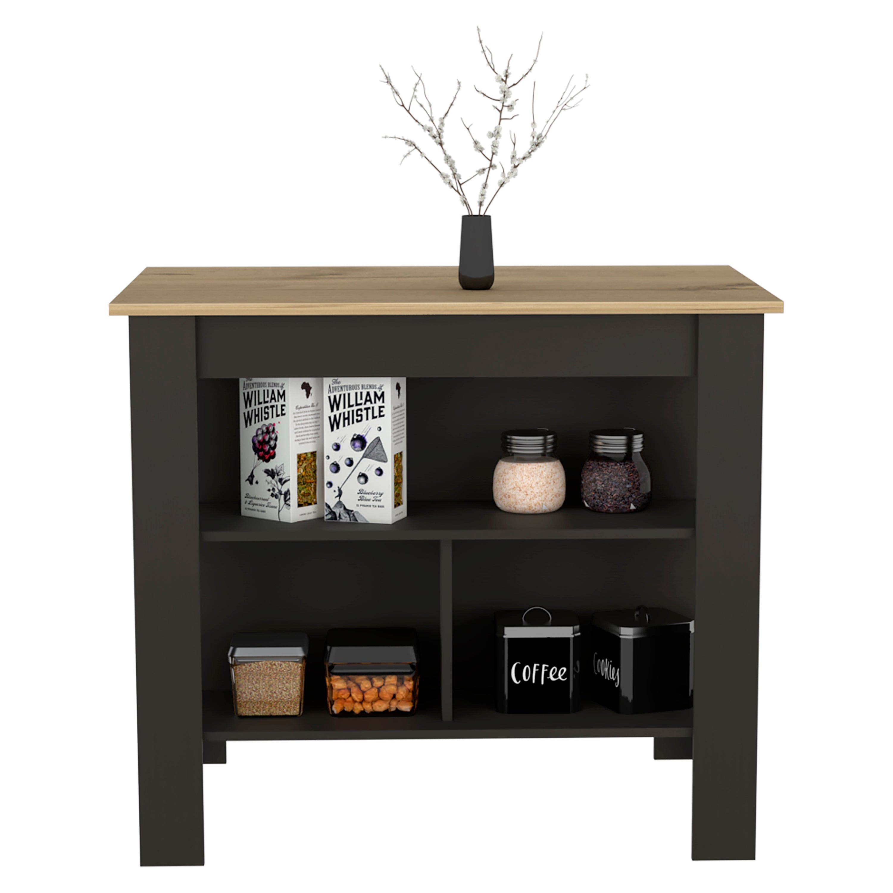 Kitchen Island Dozza, Three Shelves, Black Wengue / Light Oak Finish