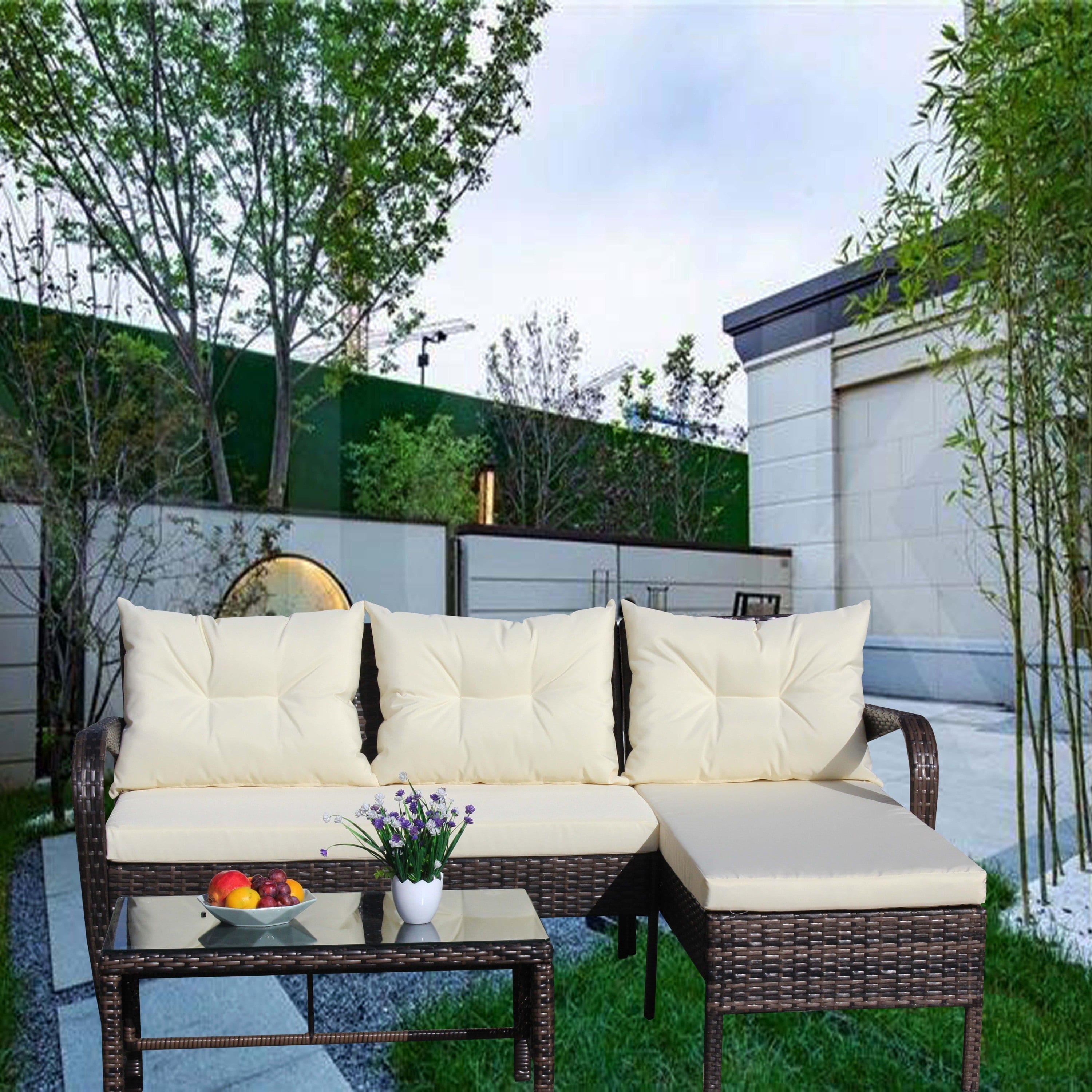 Outdoor patio Furniture sets 3 piece Conversation set wicker Ratten Sectional Sofa With Seat Cushions(Beige Cushion)