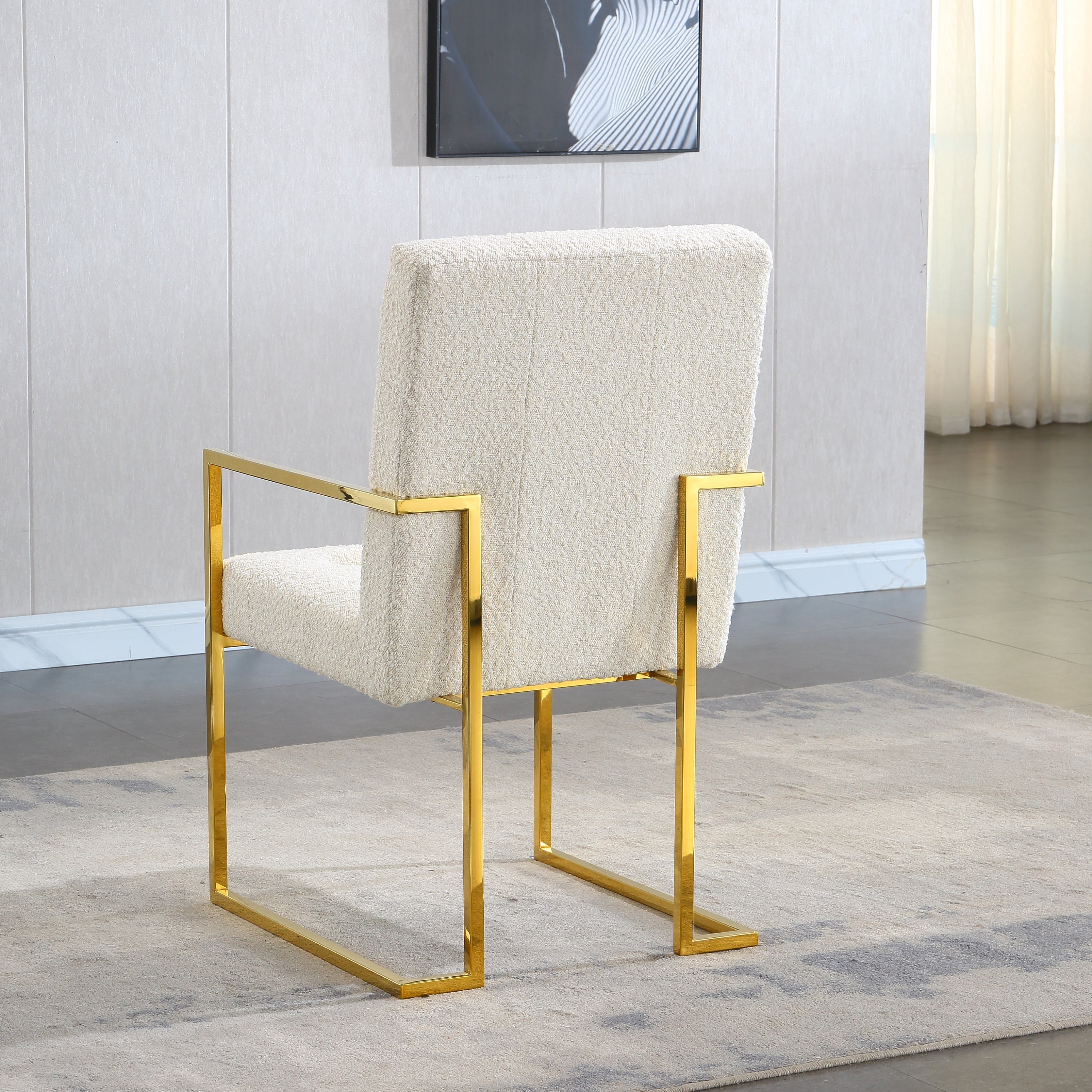 Modern Linen Dining Arm Chair Set of 1, Tufted Design and Gold Finish Stainless Base