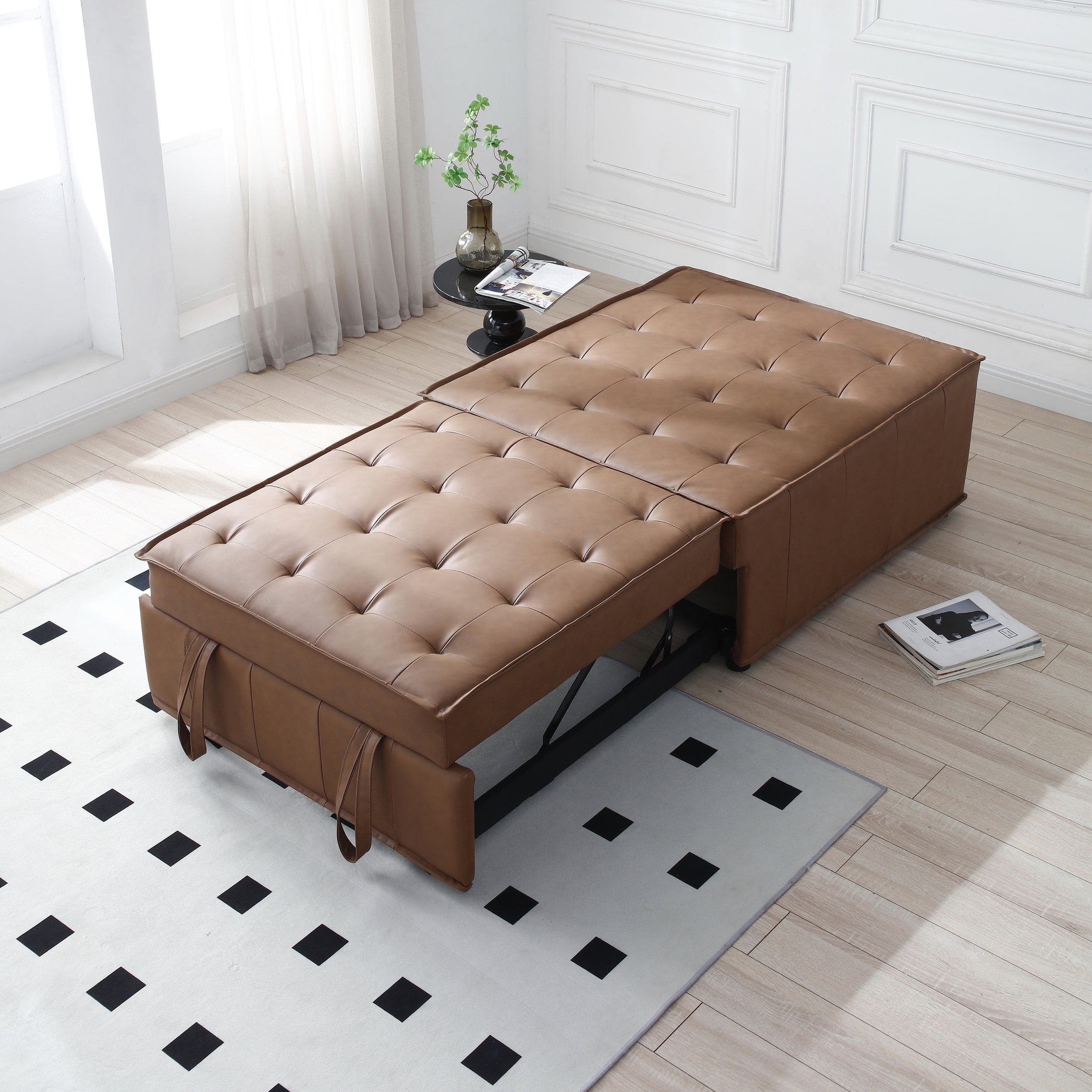 Multipurpose Faux Leather Ottoman Lazy Sofa Pulling Out Sofa Bed (Brown)