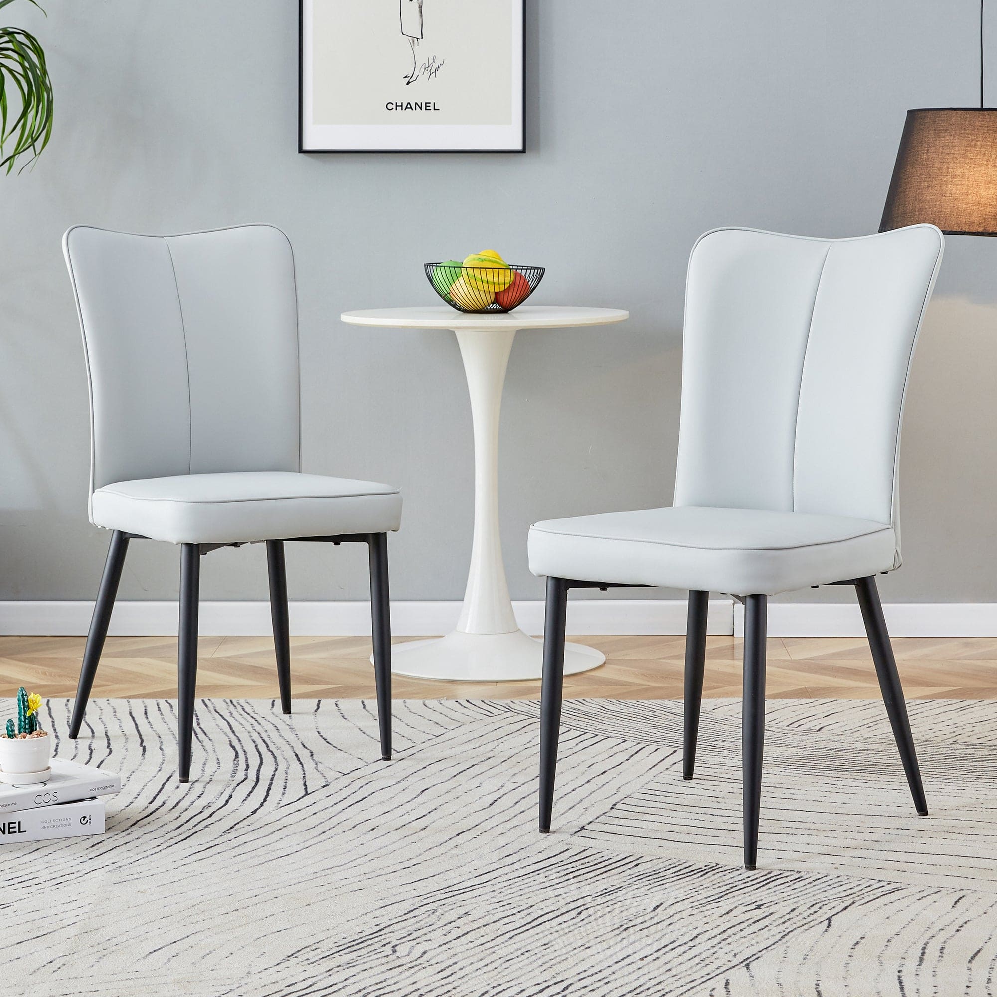 Modern minimalist dining chairs and office chairs. 2-piece set of light gray PU seats with black metal legs. Suitable for restaurants, living rooms, and offices. C-008