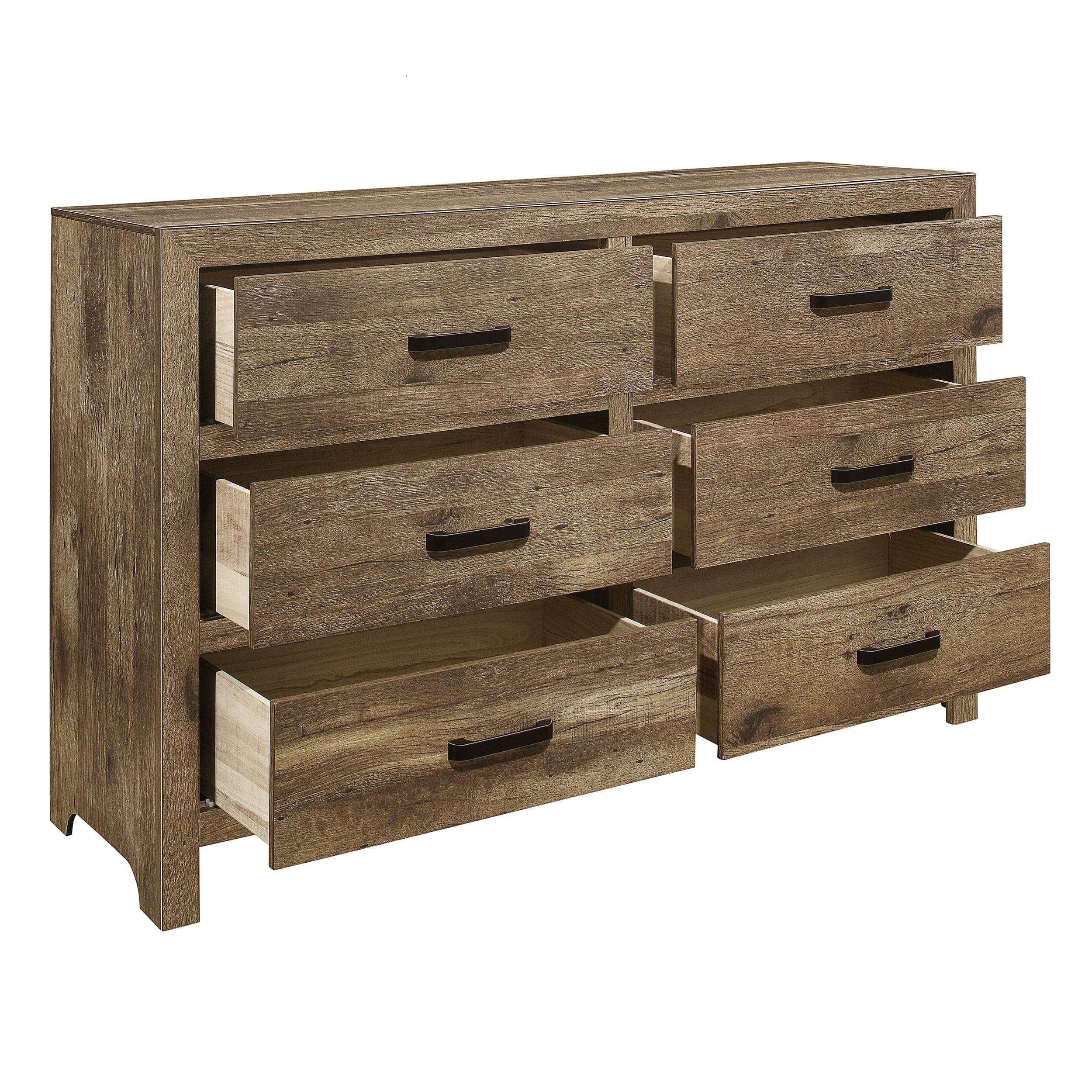 Rustic Style Dresser w 6 Storage Drawers Weathered Pine Finish Wooden Bedroom Furniture