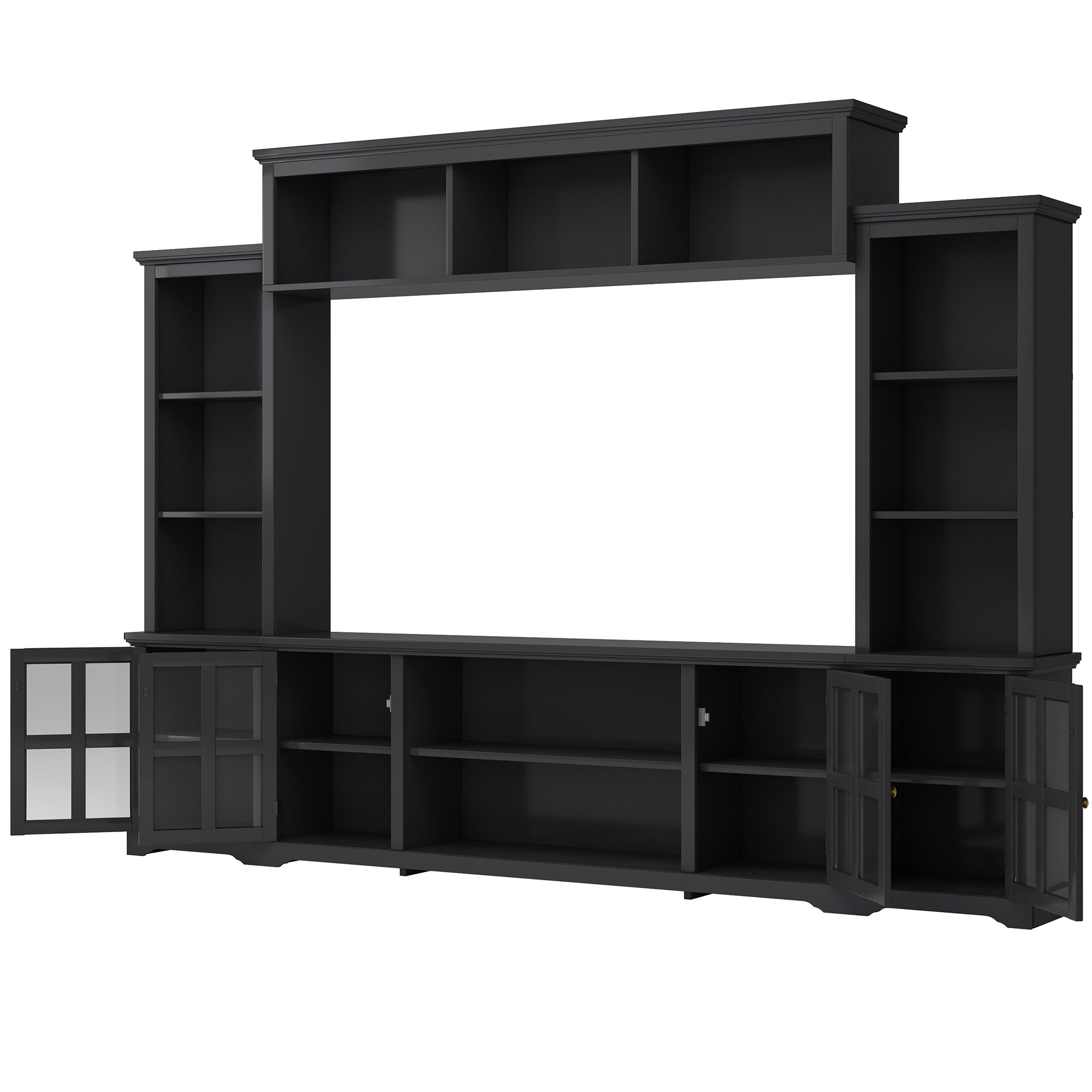 ON-TREND Minimalism Style Entertainment Wall Unit with Bridge, Modern TV Console Table for TVs Up to 70", Multifunctional TV Stand with Tempered Glass Door, Black (Old SKU: SD000009AAB)