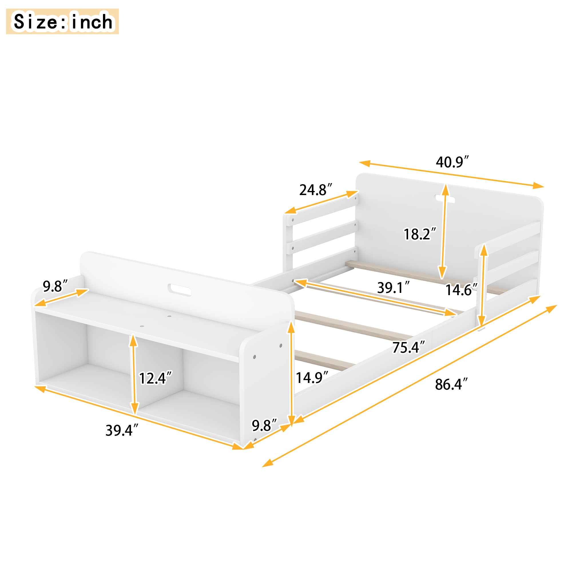 Twin Size Floor Bed with Storage Footboard and Guardrail, White