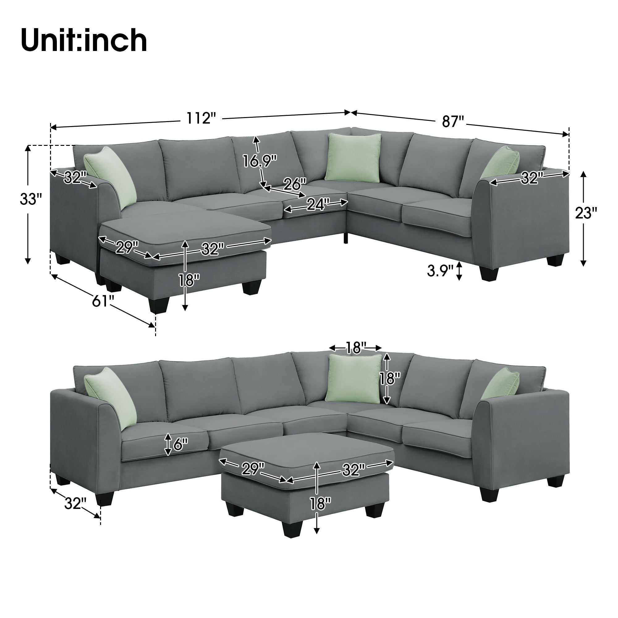 [VIDEO provided] 112*87" Sectional Sofa Couches Living Room Sets, 7 Seats Modular Sectional Sofa with Ottoman, L Shape Fabric Sofa Corner Couch Set with 3 Pillows, Grey(New of GS008210AAG)