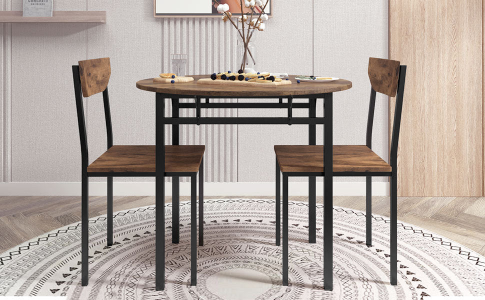 TOPMAX Modern 3-Piece Round Dining Table Set with Drop Leaf and 2 Chairs for Small Places,Black Frame+Rustic Brown Finish