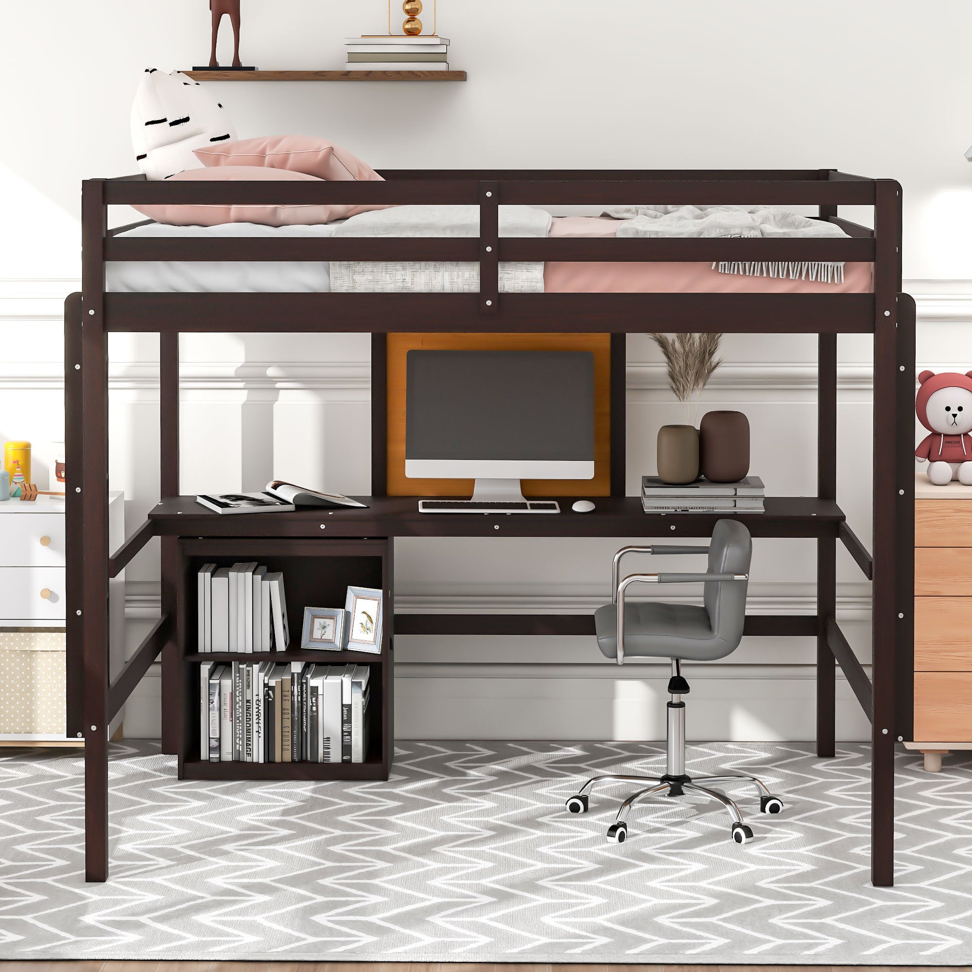 Full size Loft Bed with Desk and Writing Board, Wooden Loft Bed with Desk & 2 Drawers Cabinet- Espresso