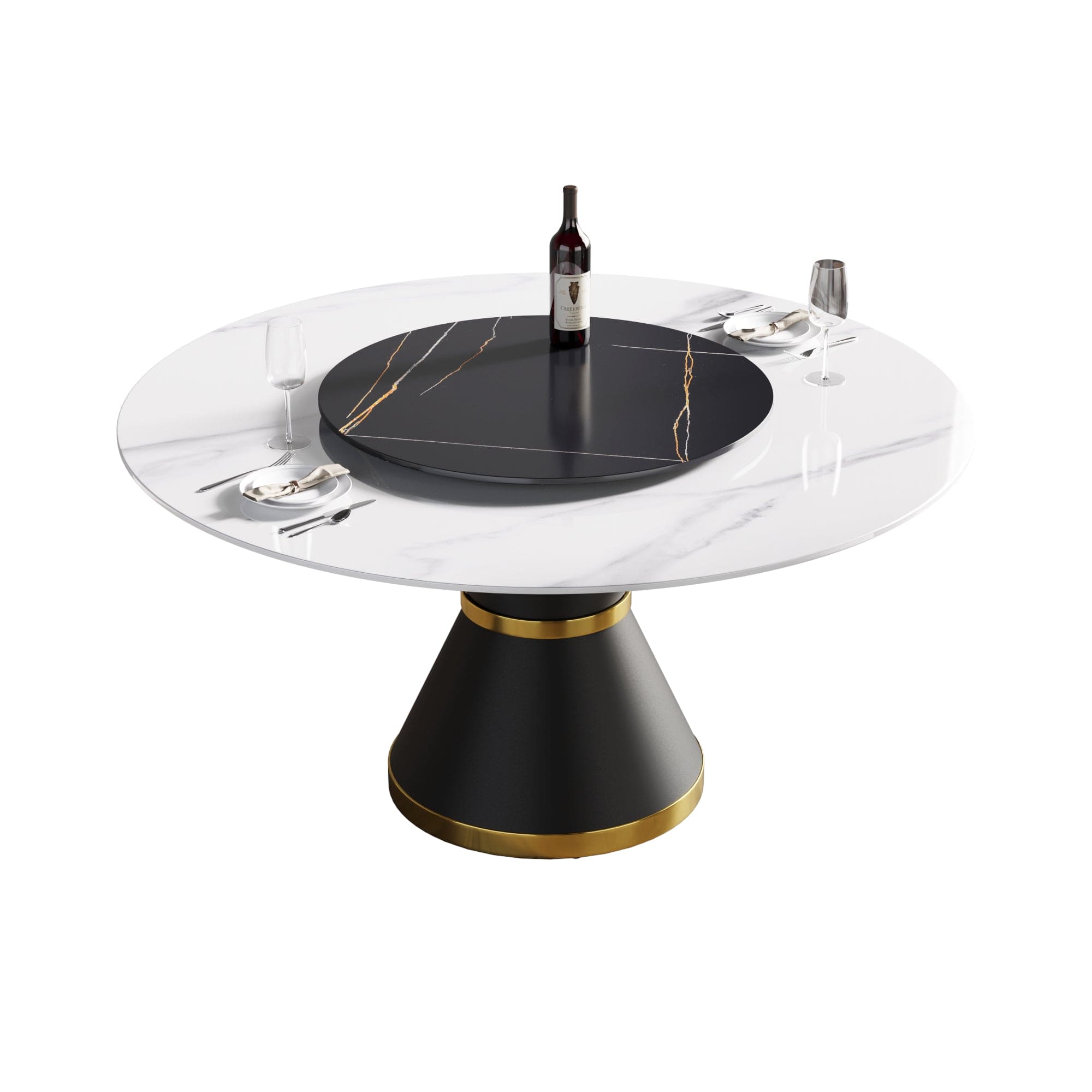 59.05"Modern artificial stone round black carbon steel base dining table-can accommodate 6 people-31.5"black artificial stone turntable