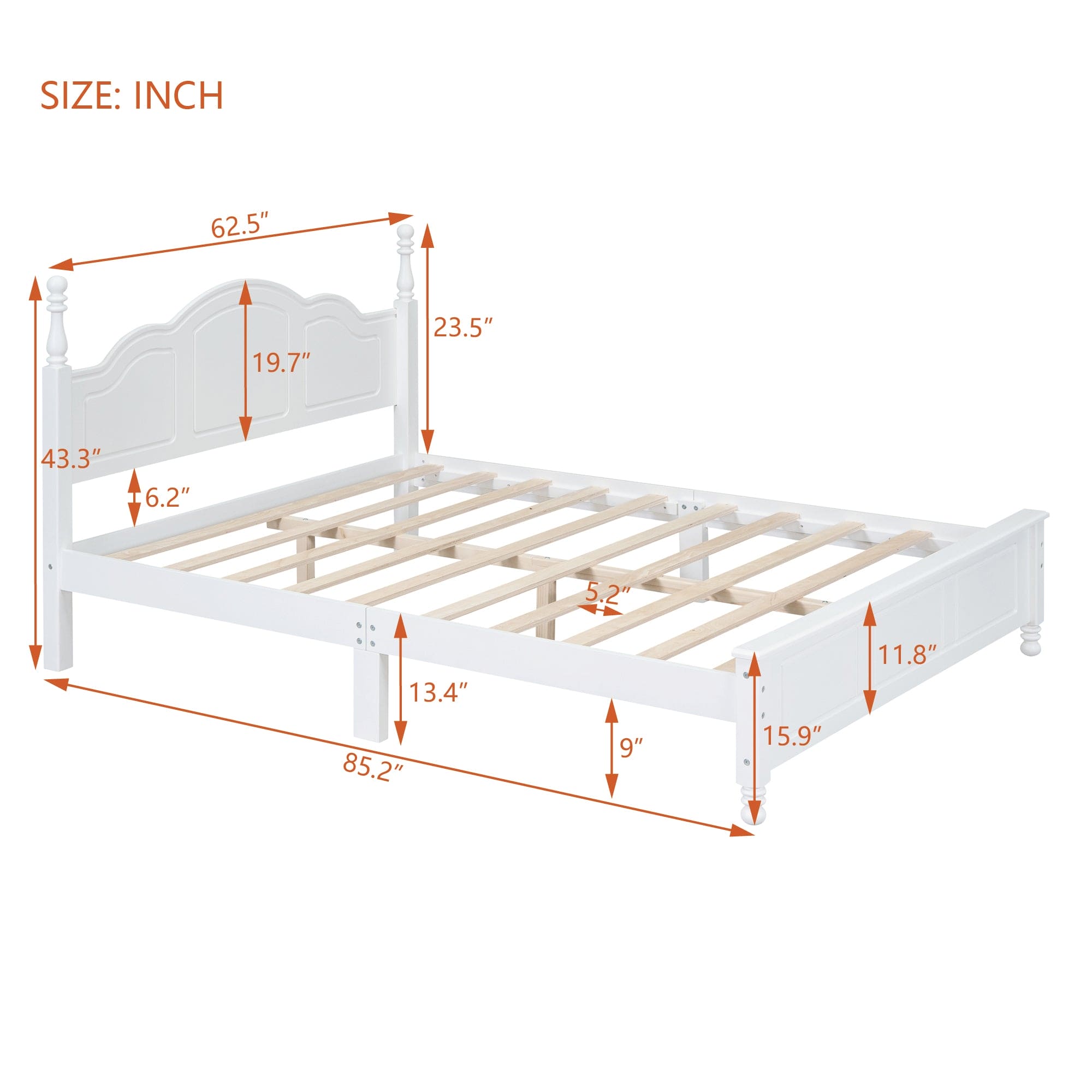 Queen Size Wood Platform Bed Frame,Retro Style Platform Bed with Wooden Slat Support,White