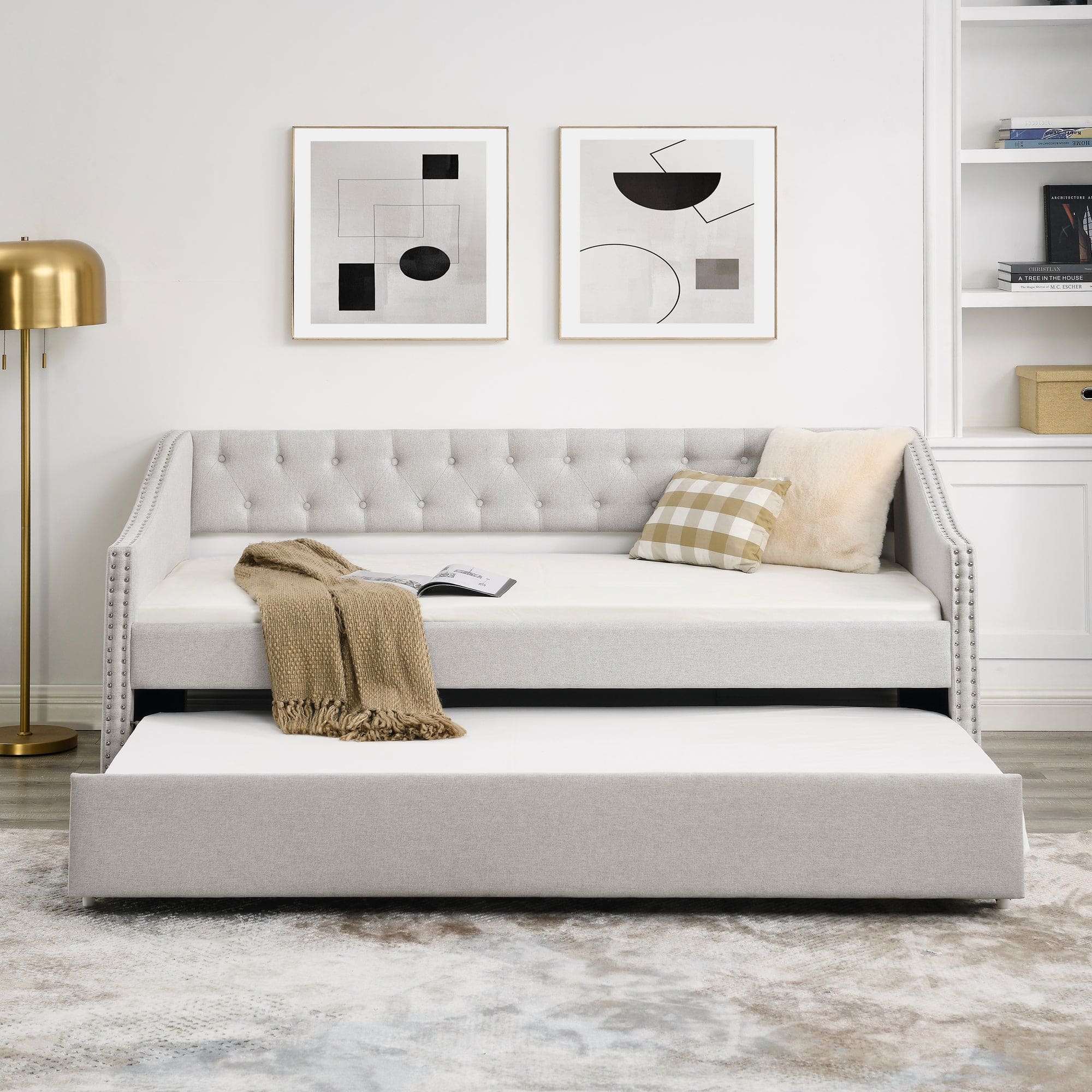 Twin Size Daybed with Twin Size Trundle Upholstered Tufted Sofa Bed, with Button on Back and Copper Nail on Waved Shape Arms, Beige (80.5"x41"x30.5")