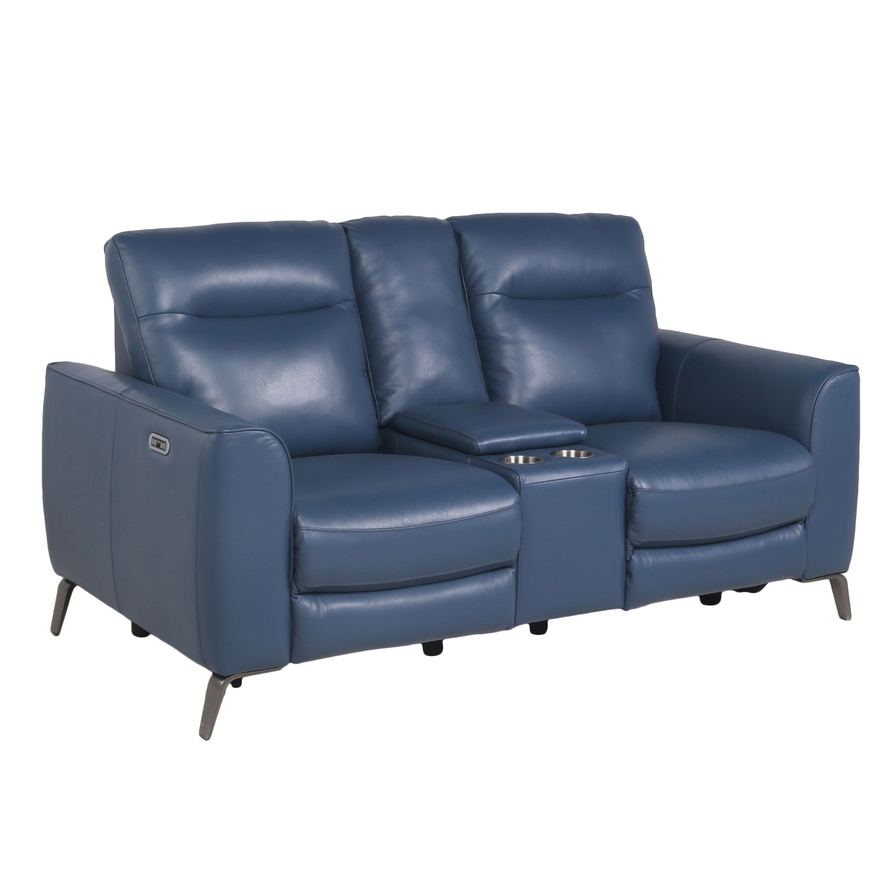 High-Leg Console Loveseat - Top-Grain Leather, Dual-Power, Ocean Blue Color - Stowaway Footrest, Flaired Chrome Leg, Motion Furniture Look