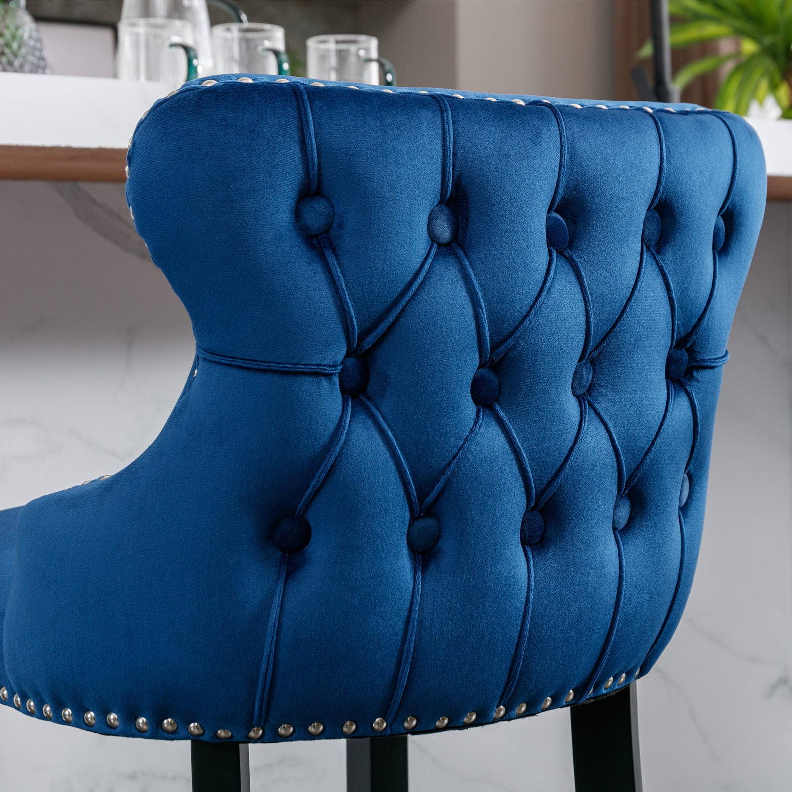 A&A Furniture,Contemporary Velvet Upholstered Wing-Back Barstools with Button Tufted Decoration and Wooden Legs, and Chrome Nailhead Trim, Leisure Style Bar Chairs,Bar stools,Set of 2 (Blue),SW1824BL