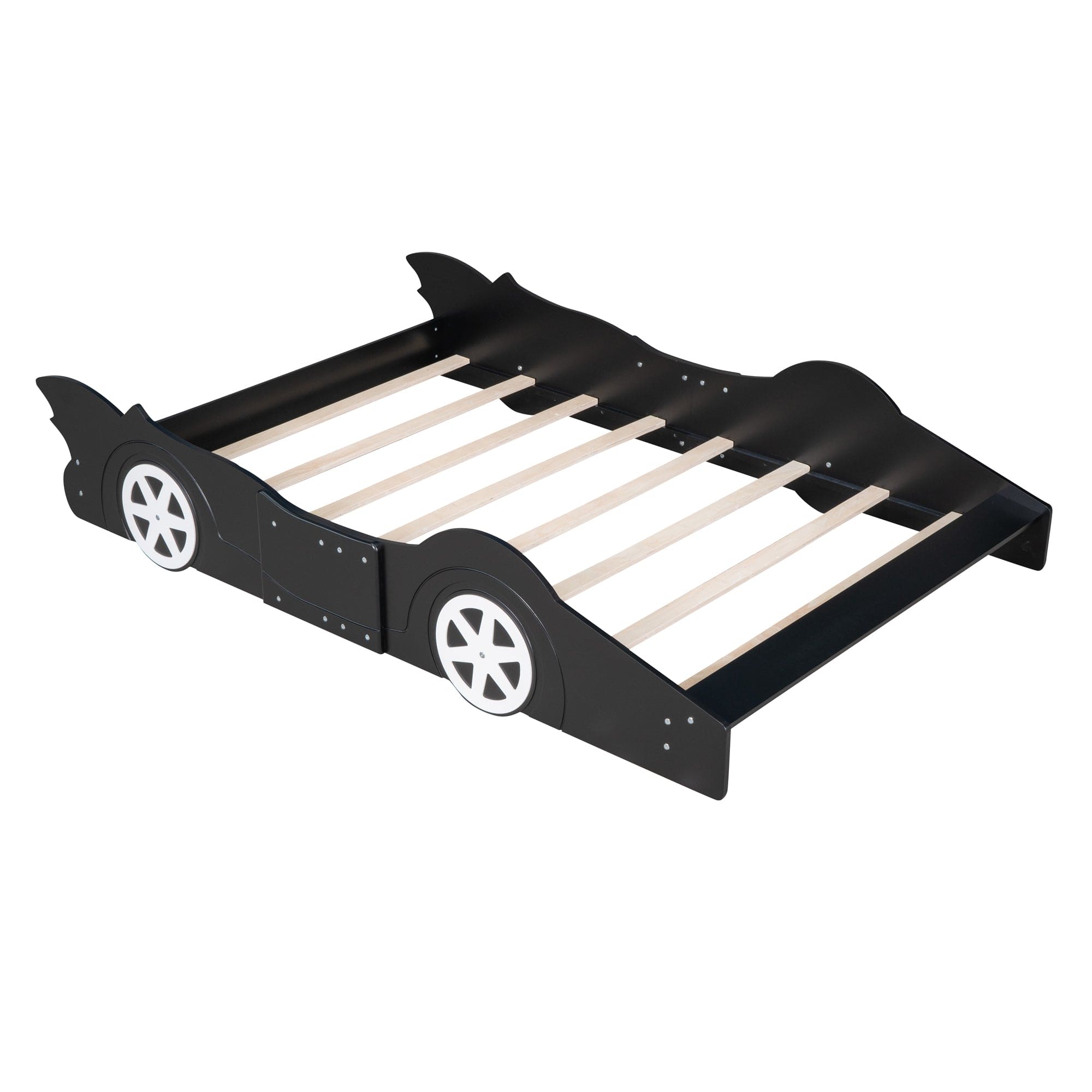 Full Size Race Car-Shaped Platform Bed with Wheels,Black