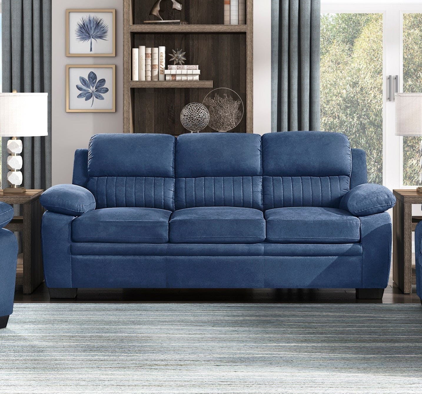 Comfortable Plush Seating Sofa 1pc Modern Blue Textured Fabric Channel Tufting Solid Wood Frame Living Room Furniture