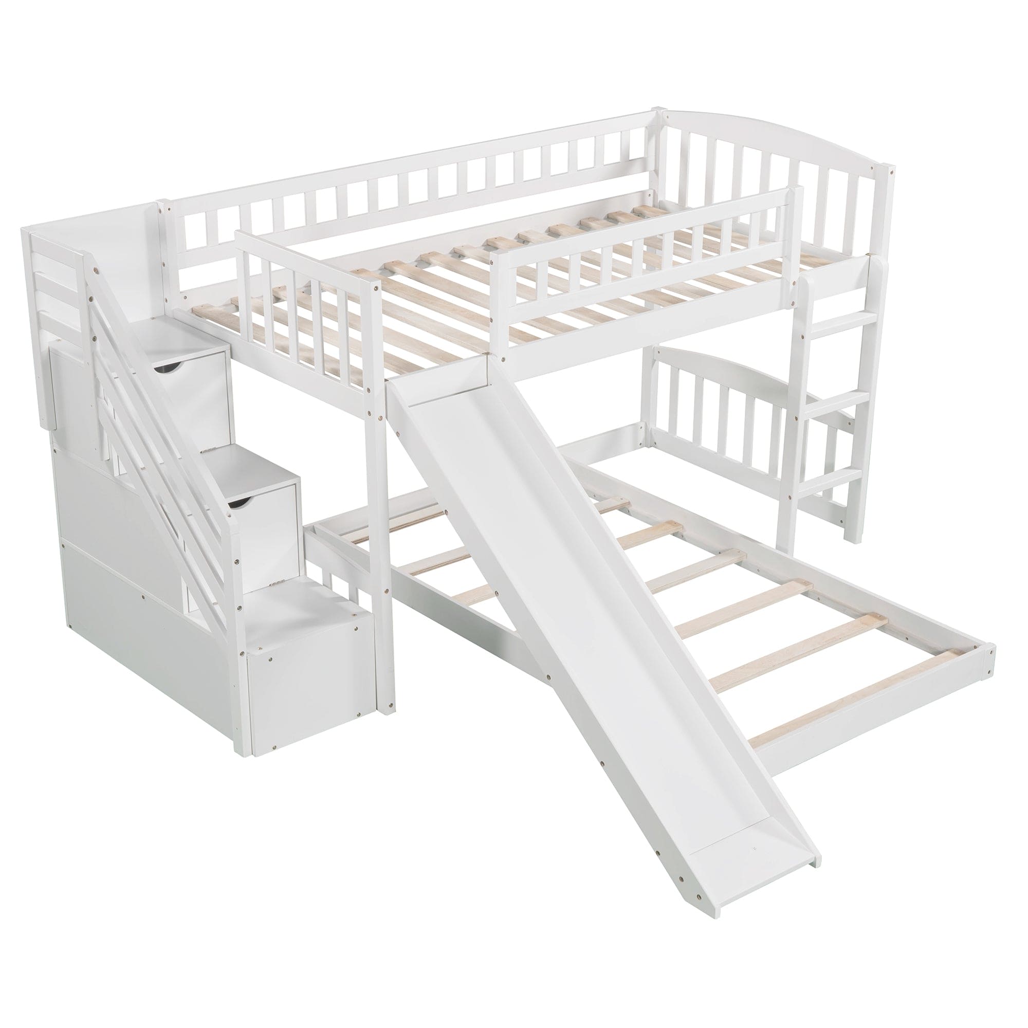 Stairway Twin over Twin Bunk Bed with Two Drawers and Slide, White(OLD SKU :LP000156AAK)