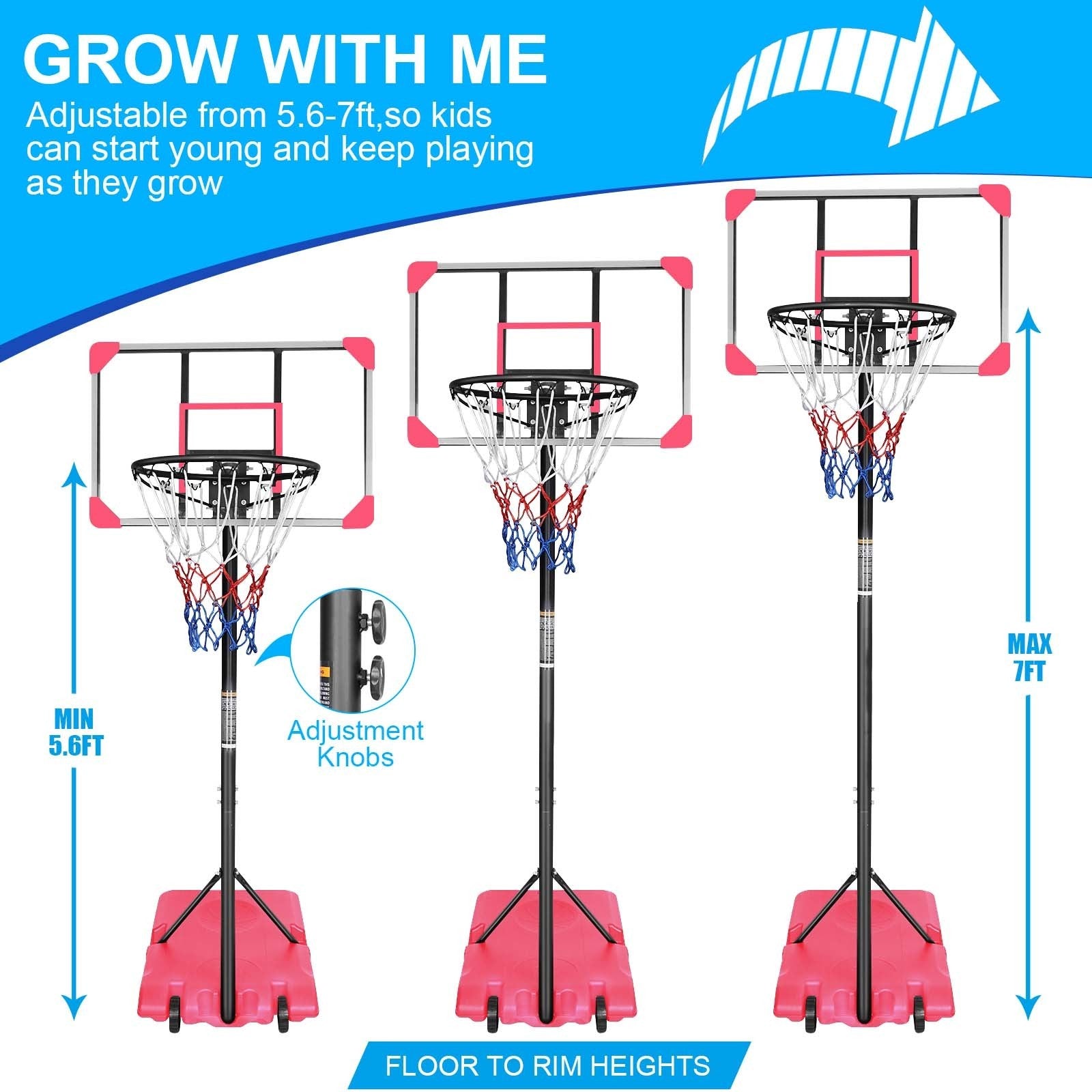 Portable Basketball Goal System with Stable Base and Wheels, use for Indoor Outdoor teenagers youth height adjustable 5.6 to 7ft Basketball Hoop 28 Inch Backboard