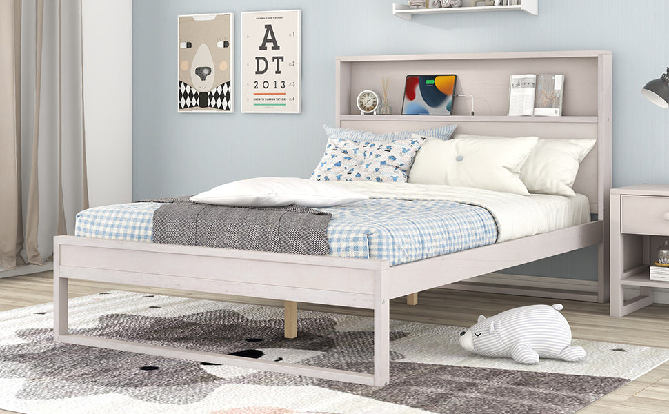 Platform Bed with Storage Headboard,Sockets and USB Ports,Full Size Platform Bed,Antique White