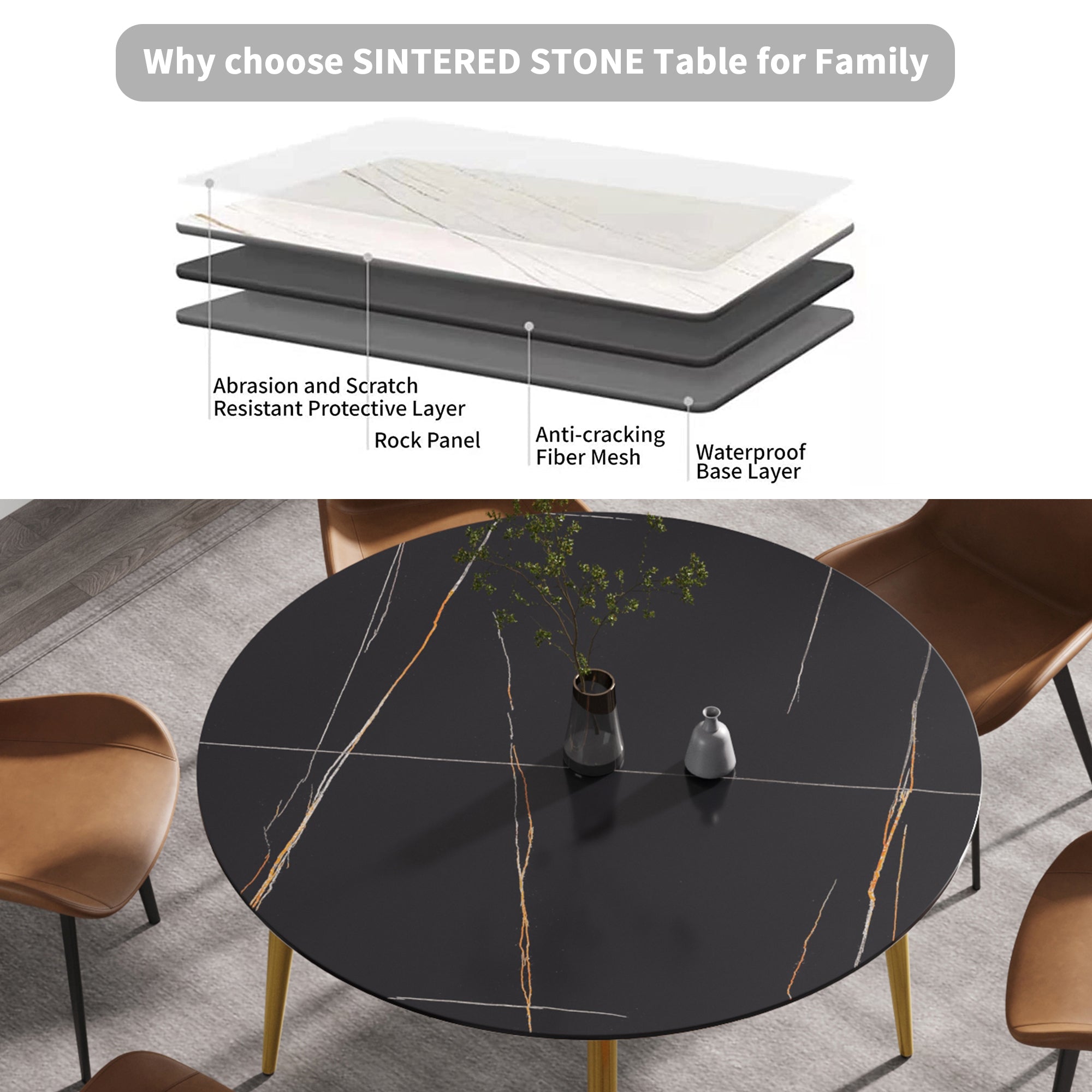 53.15 " modern artificial stone black round dining table with golden metal legs-can accommodate 6 people.