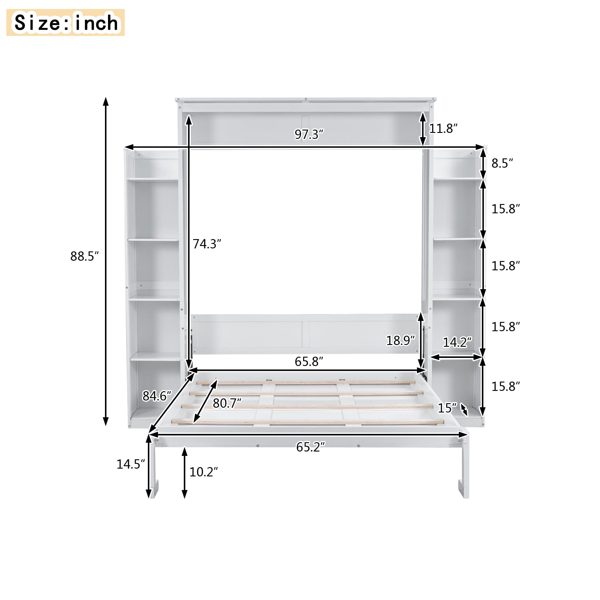 Queen Size Murphy Bed Wall Bed with Shelves and LED Lights,White