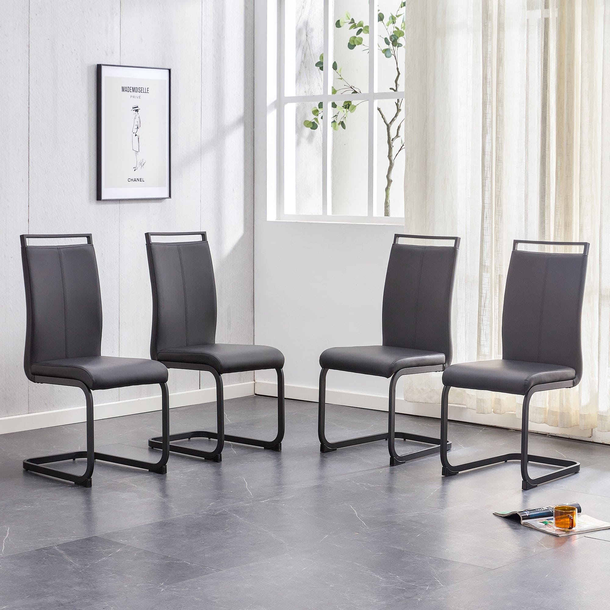 A table and four chairs. The table features a black imitation marble pattern tabletop and black gold MDF legs. The chair has a black PU backrest cushion and black metal legs. F-SQ  C-1162