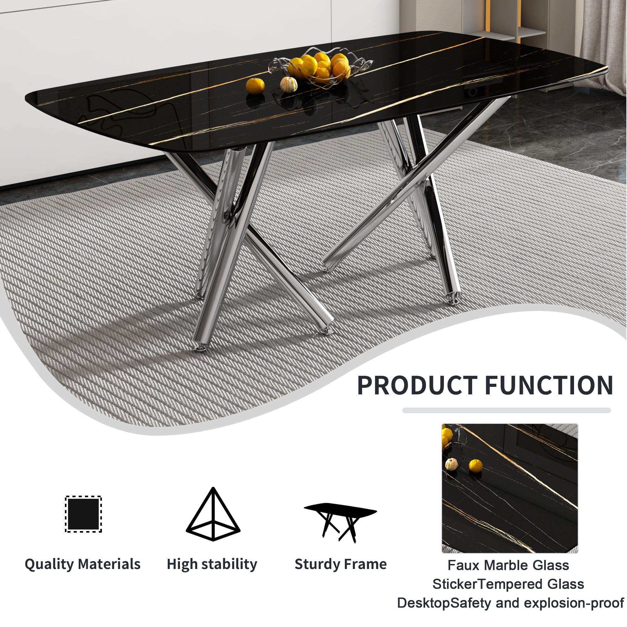 Large modern minimalist rectangular dining table with 0.39 "imitation marble black tabletop and silver metal legs, suitable for kitchens, living rooms, conference rooms, and banquet halls 1538