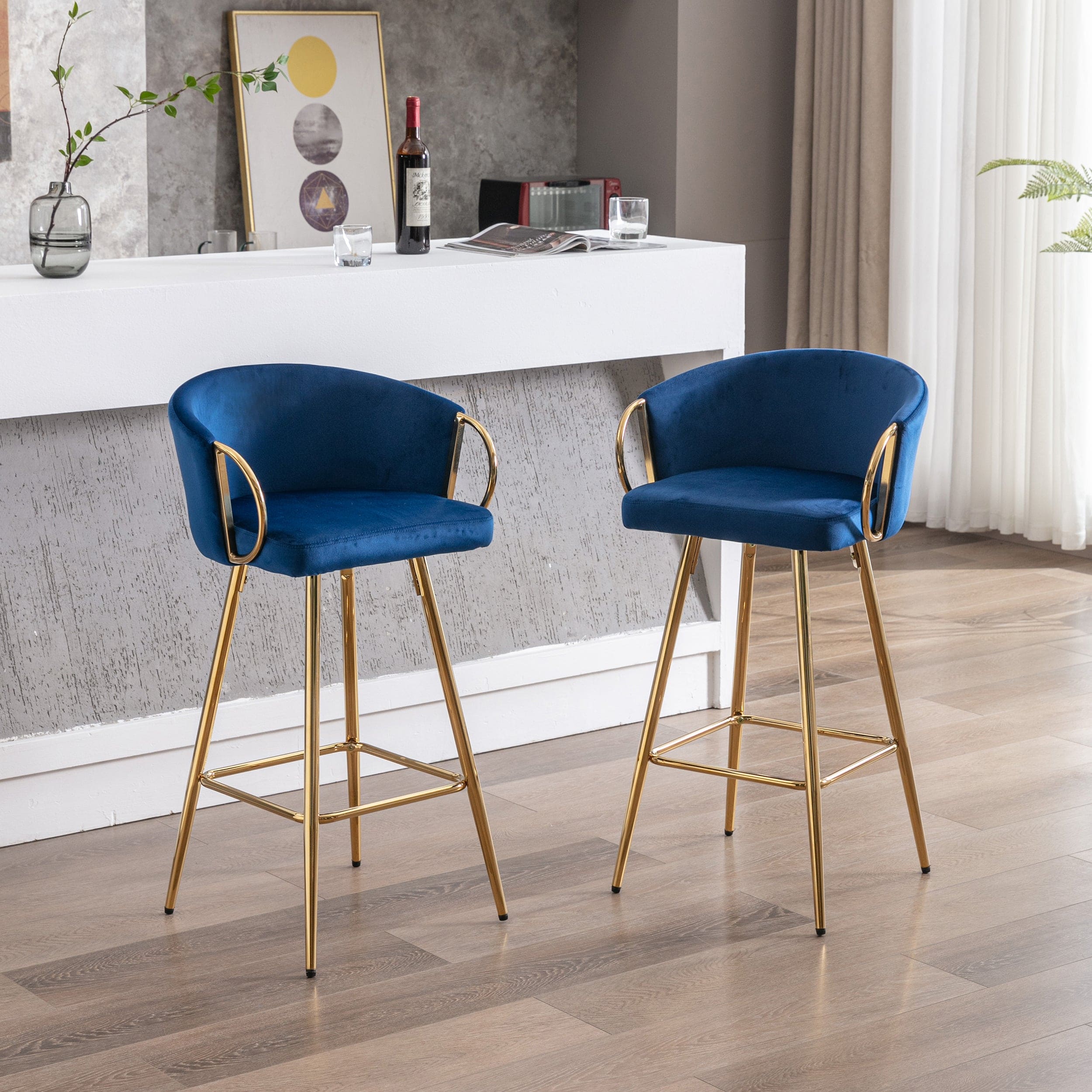 26 Inch Set of 2 Bar Stools,with Chrome Footrest Velvet + Golden Leg Simple Bar Stool,BLUE