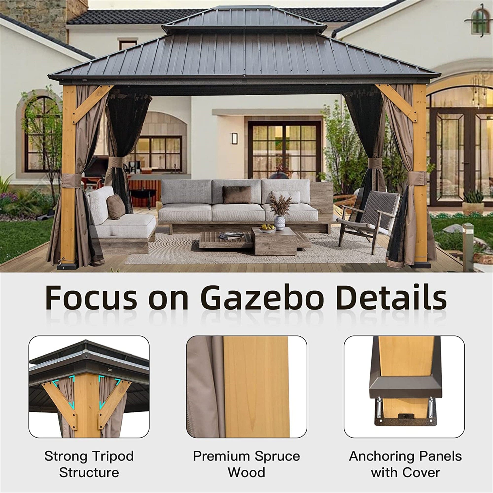 12'x14' Hardtop Gazebo, Outdoor Cedar Wood Frame Canopy with Galvanized Steel Double Roof, Outdoor Permanent Metal Pavilion with Curtains and Netting for Patio, Backyard and Lawn(Brown)