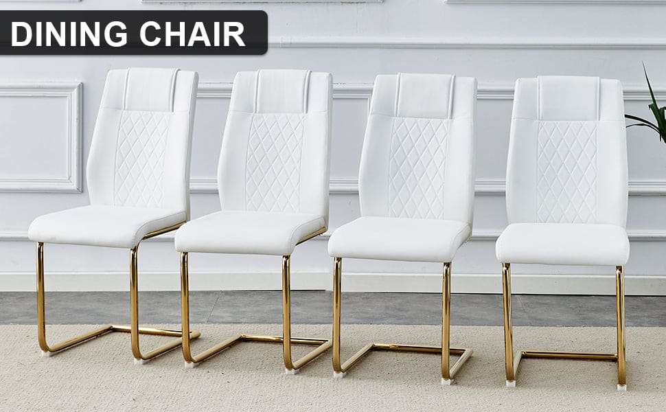 Modern dining chairs, dining room chairs, and golden leg cushioned chairs made of artificial leather, suitable for kitchens, living rooms, bedrooms, and offices. Set of 4 pieces (white+PU)C-001