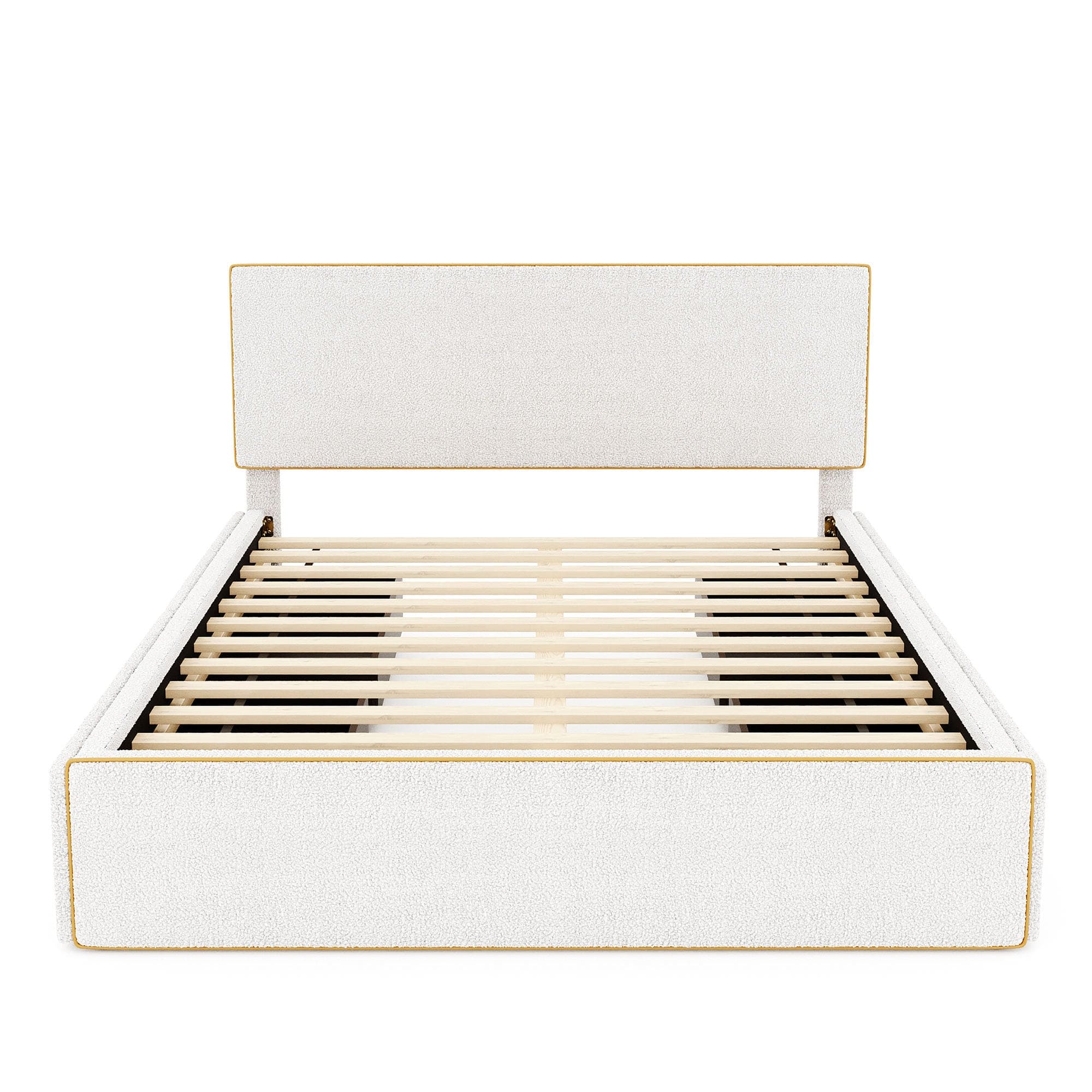 Queen Size Upholstered Platform Bed with 4 Drawers and Golden Edge on the Headboard & Footboard, White