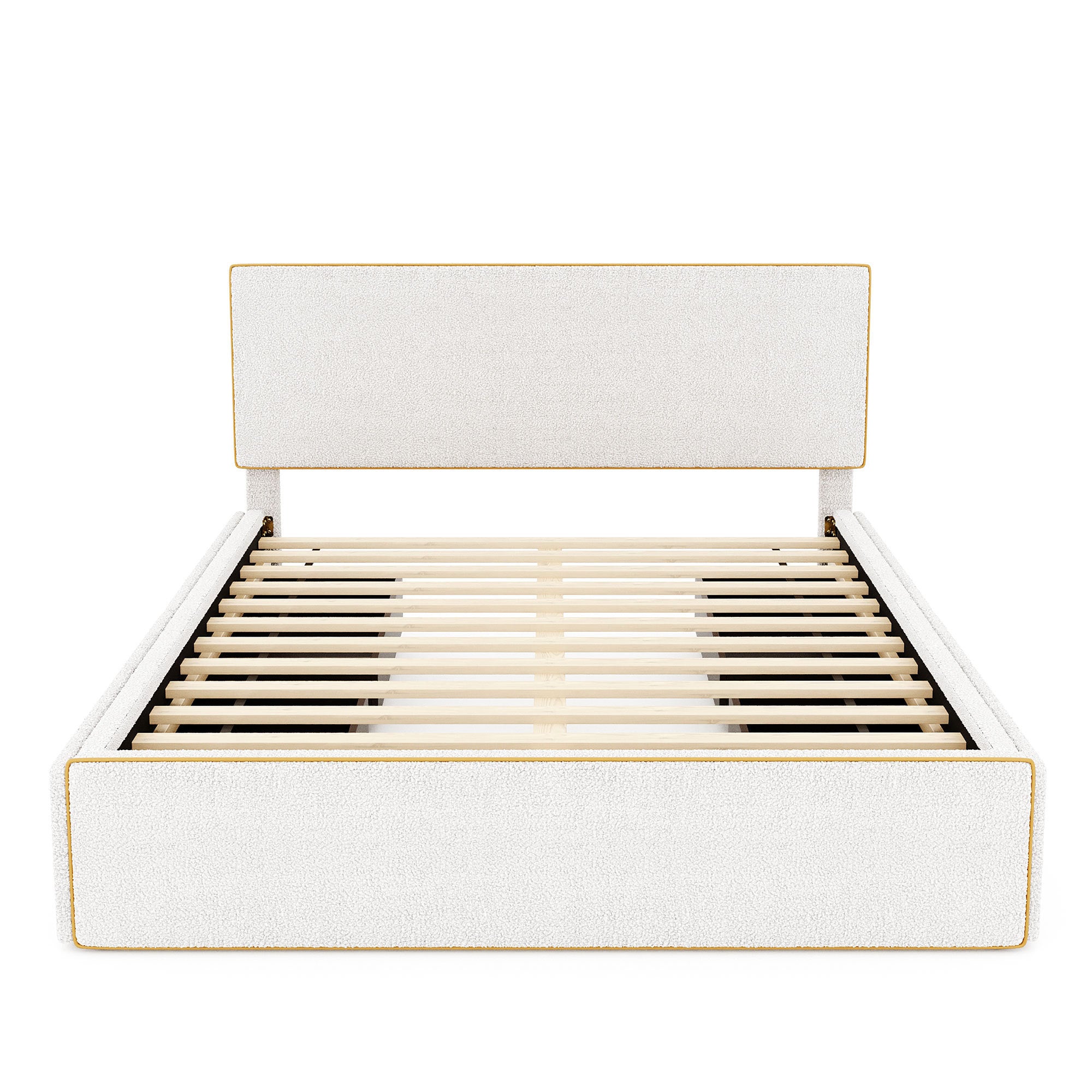 Queen Size Upholstered Platform Bed with 4 Drawers and Golden Edge on the Headboard & Footboard, White