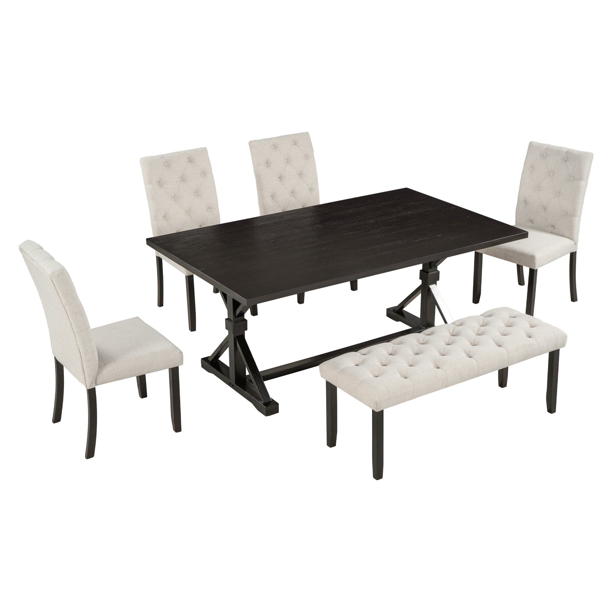 TREXM 6-Piece Farmhouse Dining Table Set 72" Wood Rectangular Table, 4 Upholstered Chairs with Bench (Espresso)