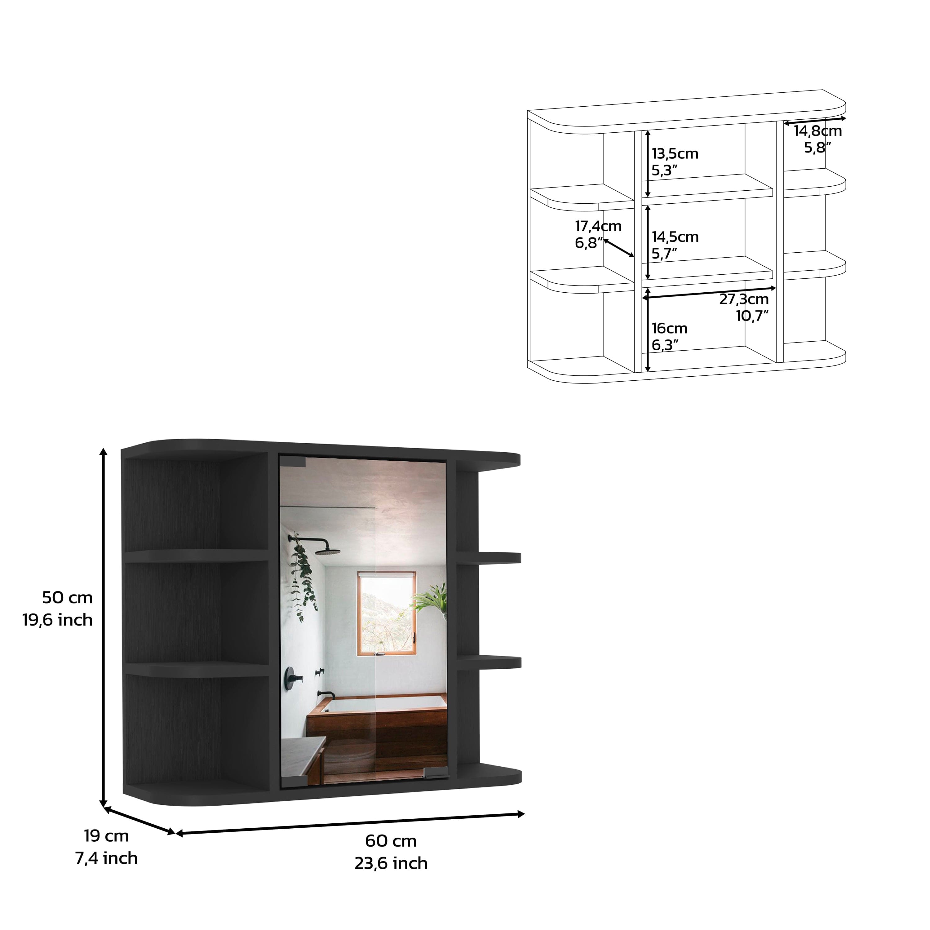 Medicine Cabinet Milano,Six External Shelves Mirror, Black Wengue Finish