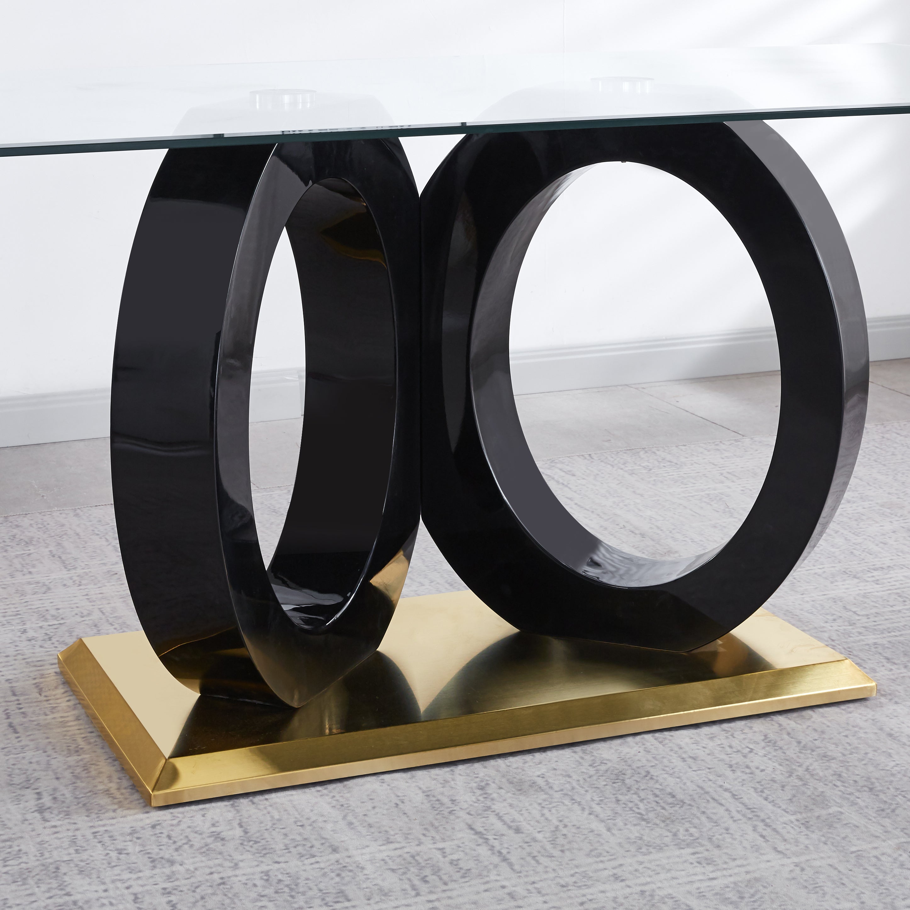 Modern Design Tempered Glass Dining Table with Black MDF Middle Support and Stainless Steel Base