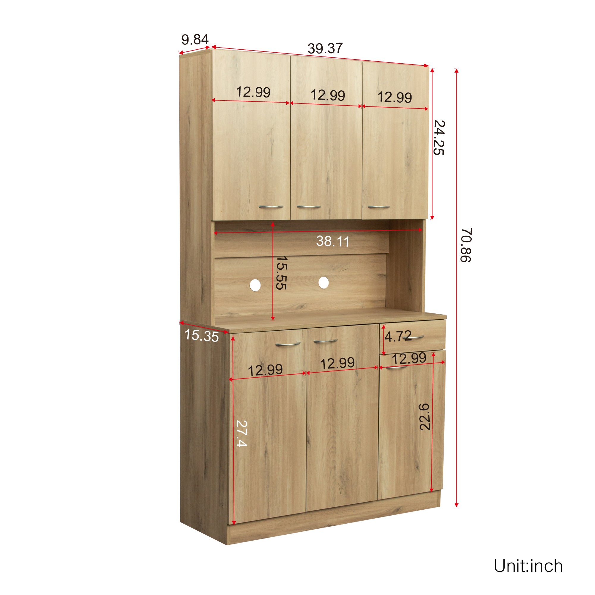 70.87" Tall Wardrobe& Kitchen Cabinet, with 6-Doors, 1-Open Shelves and 1-Drawer for bedroom,Rustic Oak