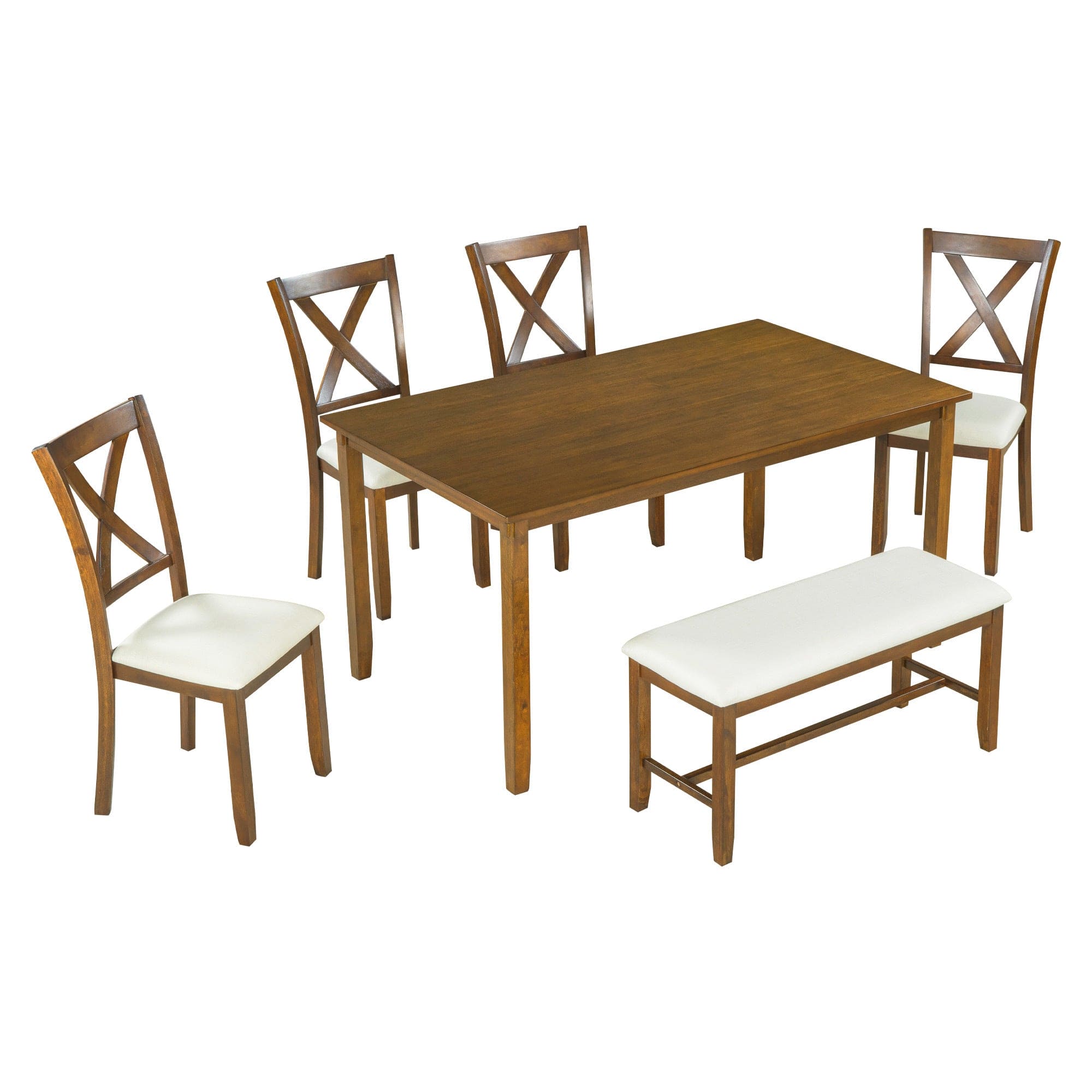 TREXM 6-Piece Kitchen Dining Table Set Wooden Rectangular Dining Table, 4 Fabric Chairs and Bench Family Furniture (Natural Cherry)