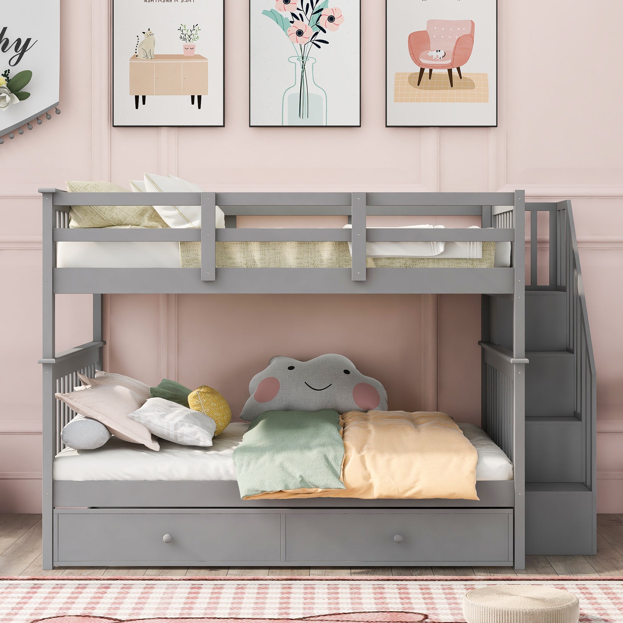 Stairway Full-Over-Full Bunk Bed with Twin size Trundle, Storage and Guard Rail for Bedroom, Dorm - Gray(OLD SKU :LP001210AAE)