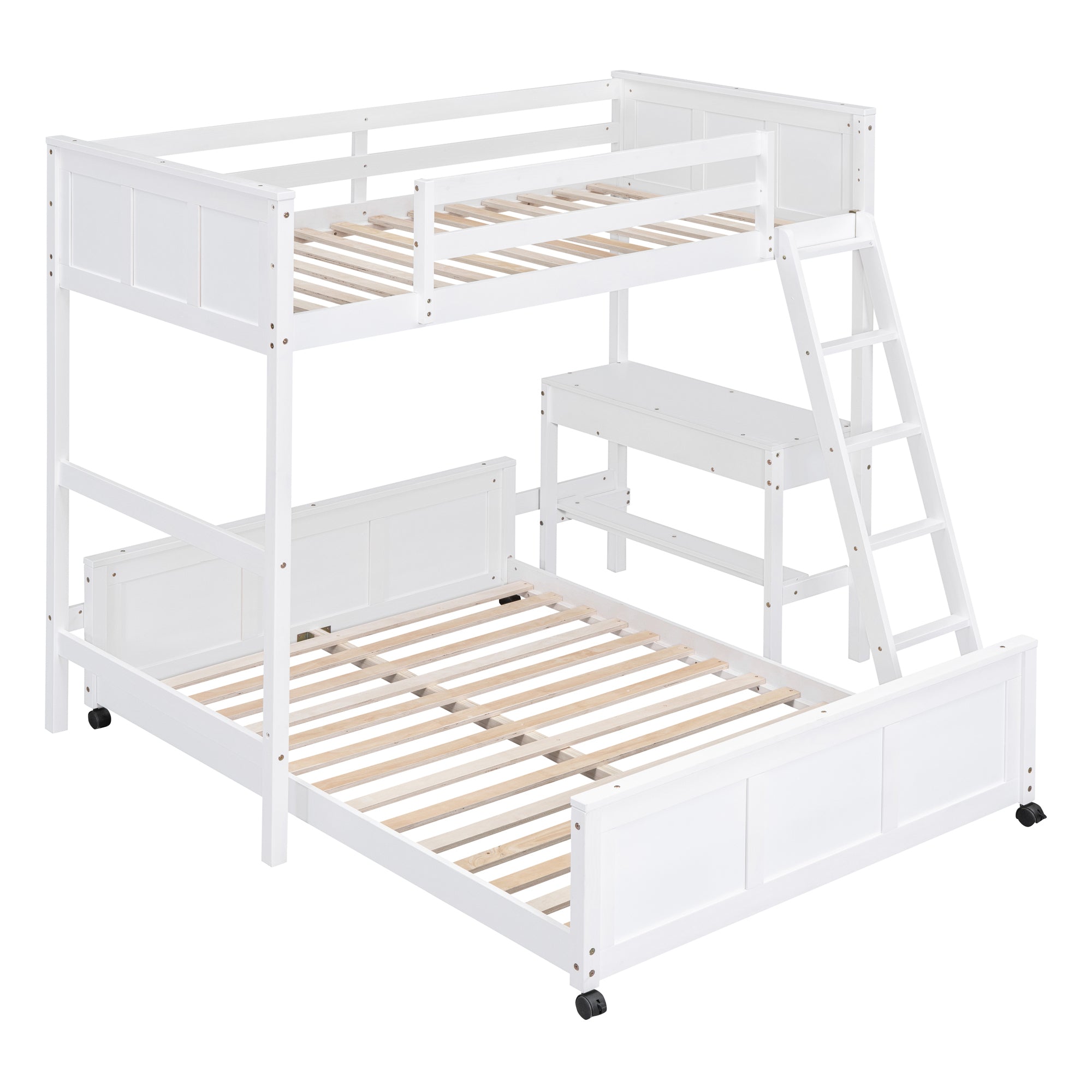 Twin Over Full Bunk Bed with Desk, White