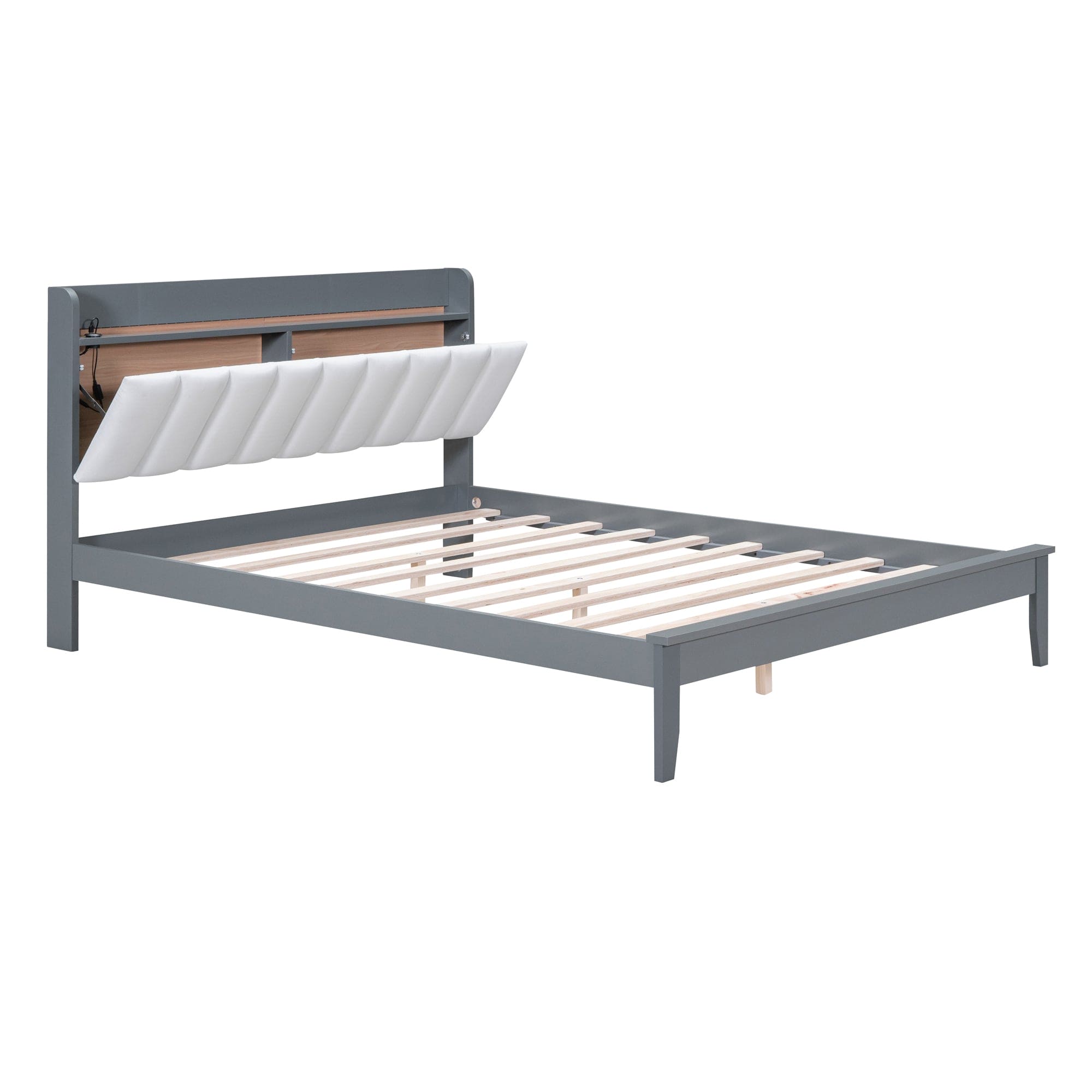 Queen size Platform Bed with USB Charging Station and Storage Upholstered Headboard,LED Bed Frame,No Box Spring Needed,Gray+White