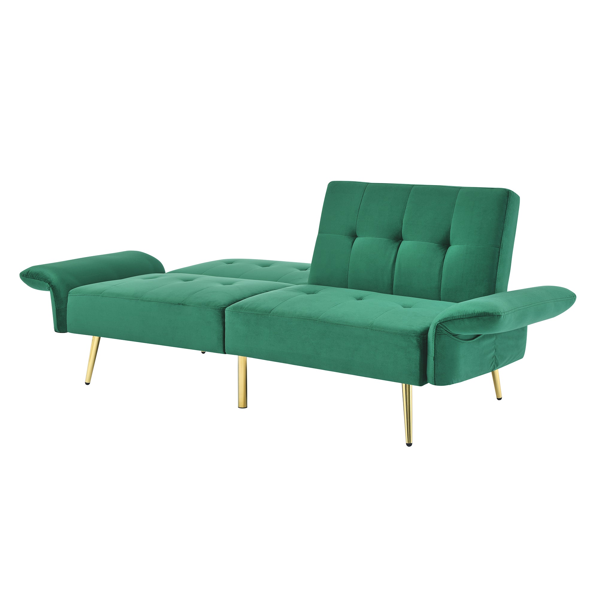 78" Italian Velvet Futon Sofa Bed, Convertible Sleeper Loveseat Couch with Folded Armrests and Storage Bags for Living Room and Small Space, Green 280g velvet