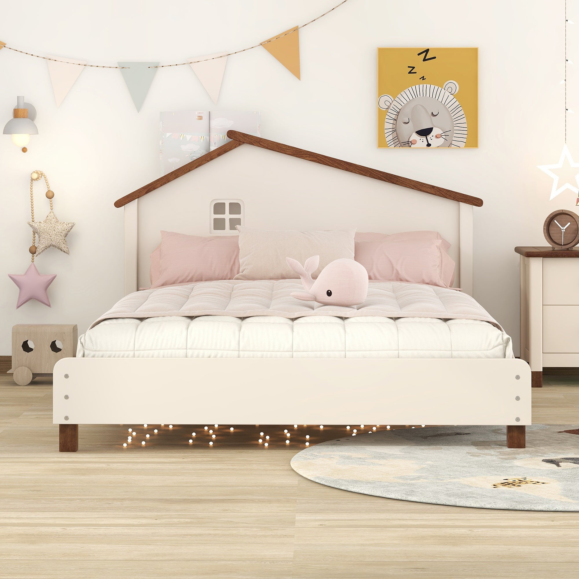 Full Size Wood Platform Bed with House-shaped Headboard  (Cream+Walnut)